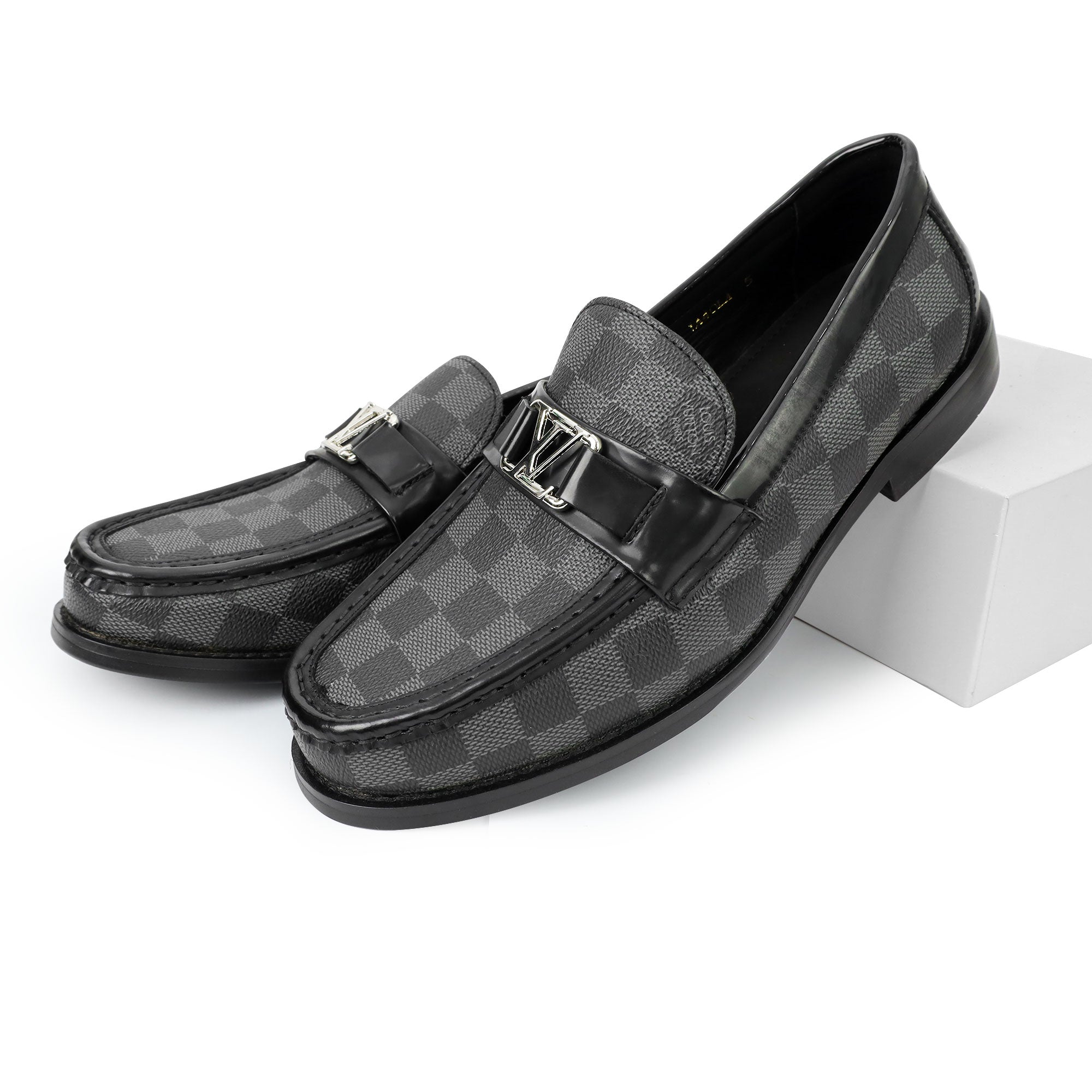 louis vuitton grey chequered premium quality loafer
