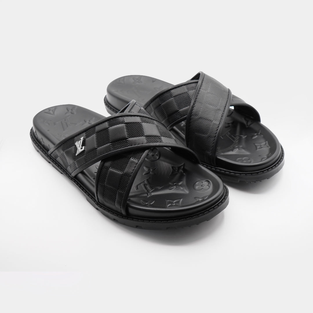 LV Black Premium Quality Upper Slide Leather Slipper - Image 2