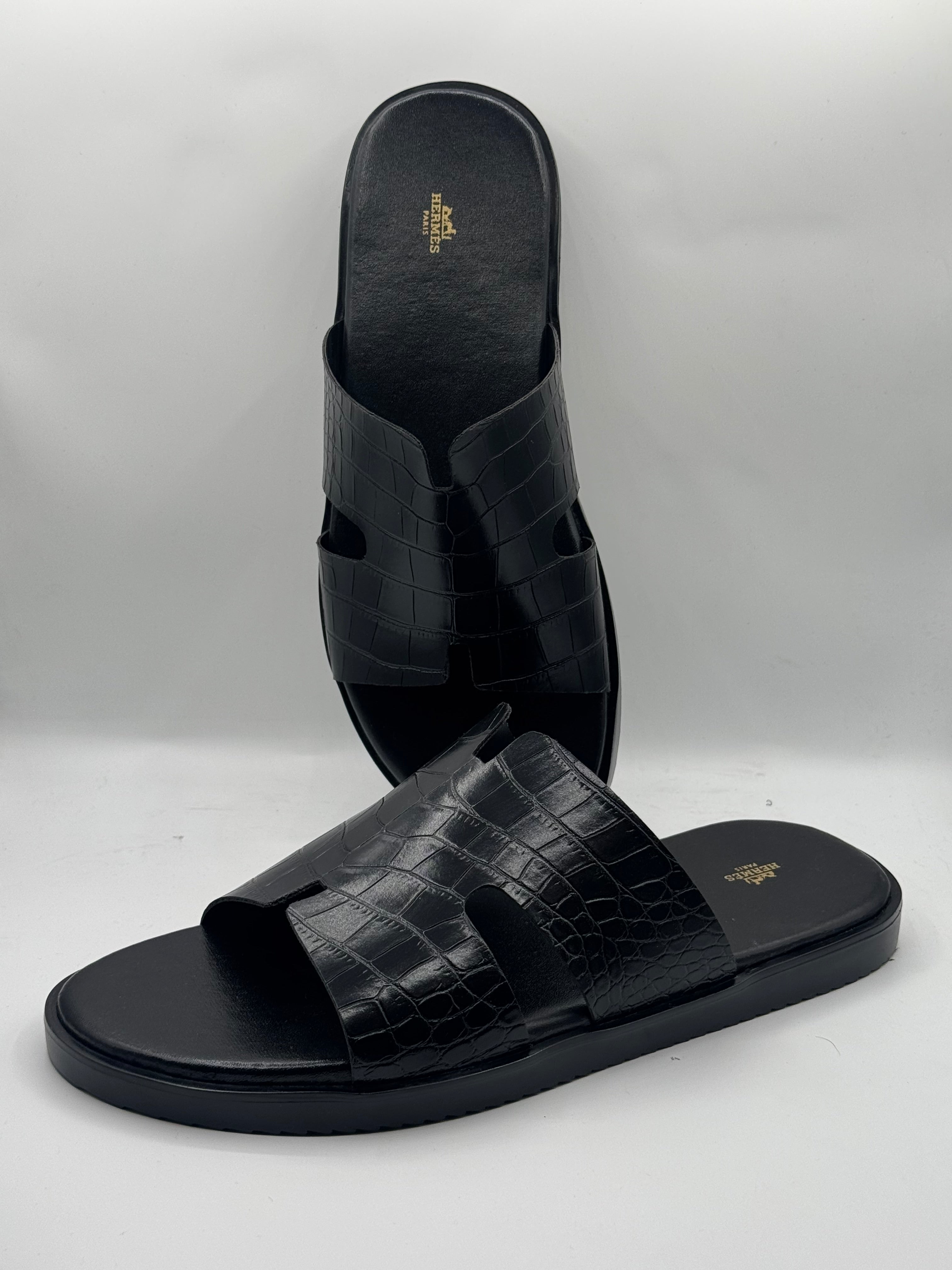 hermes black high quality leather slipper
