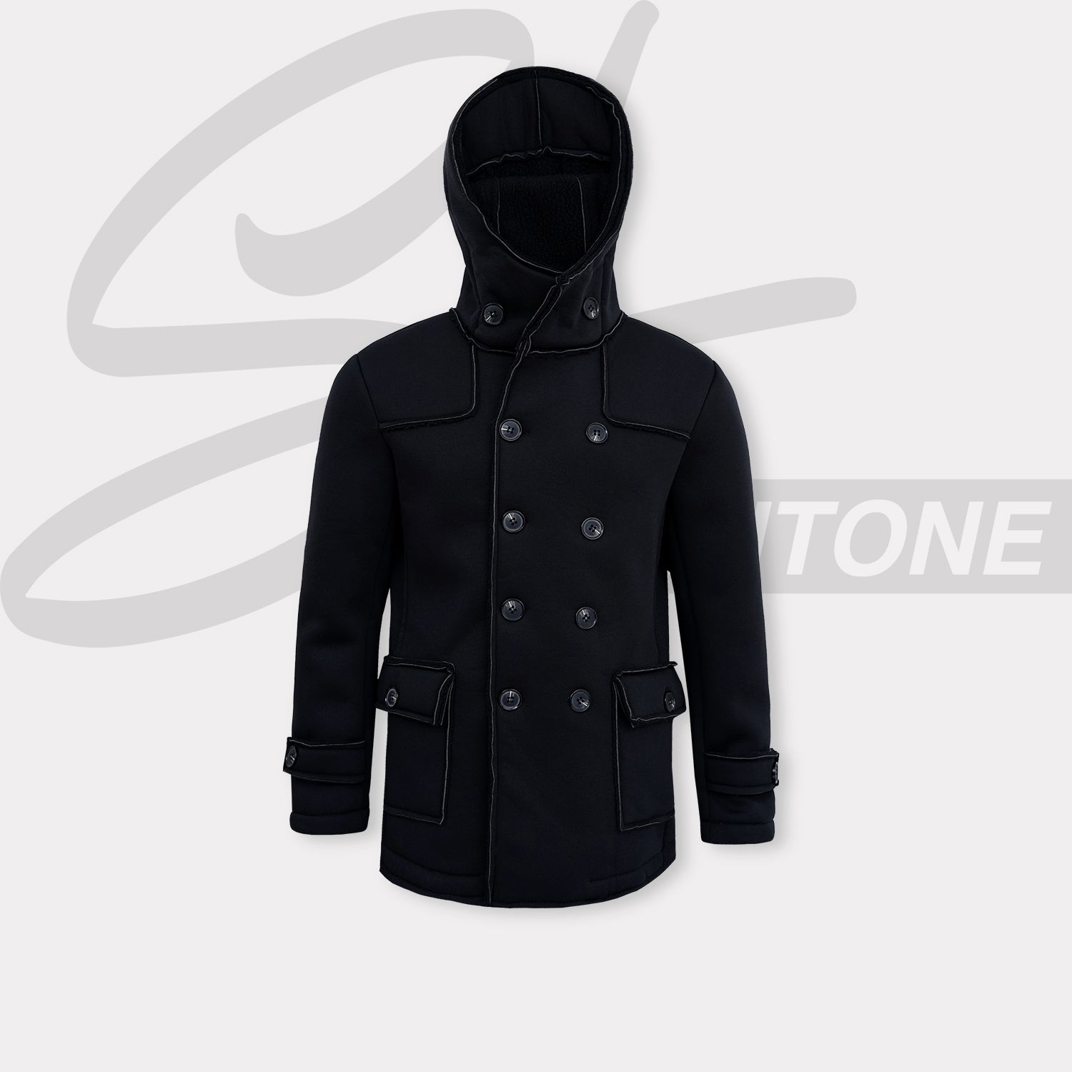 Premium Quality italian Breasted Slim Fit Winter Black Hooded Jacket