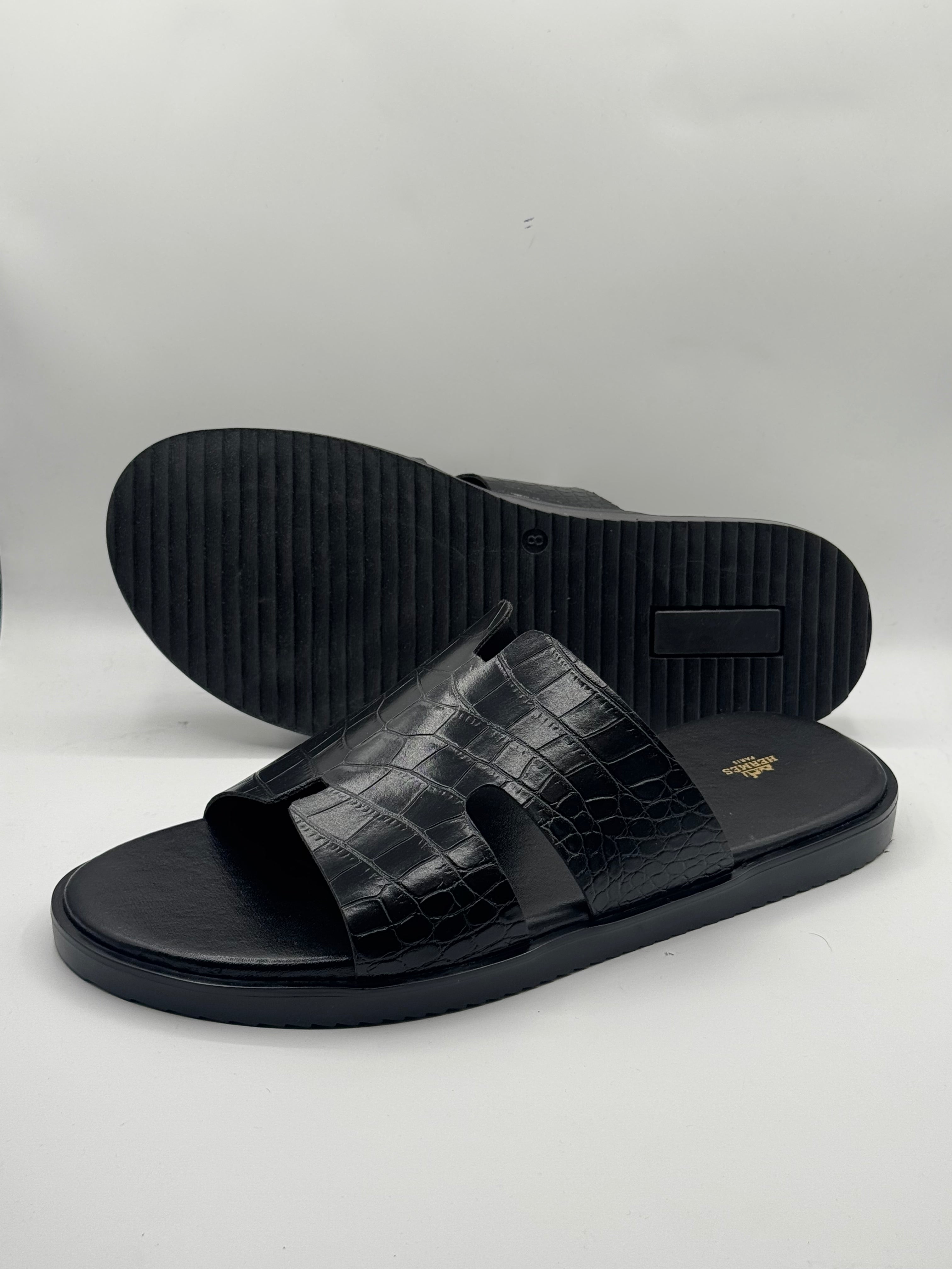 hermes black high quality leather slipper