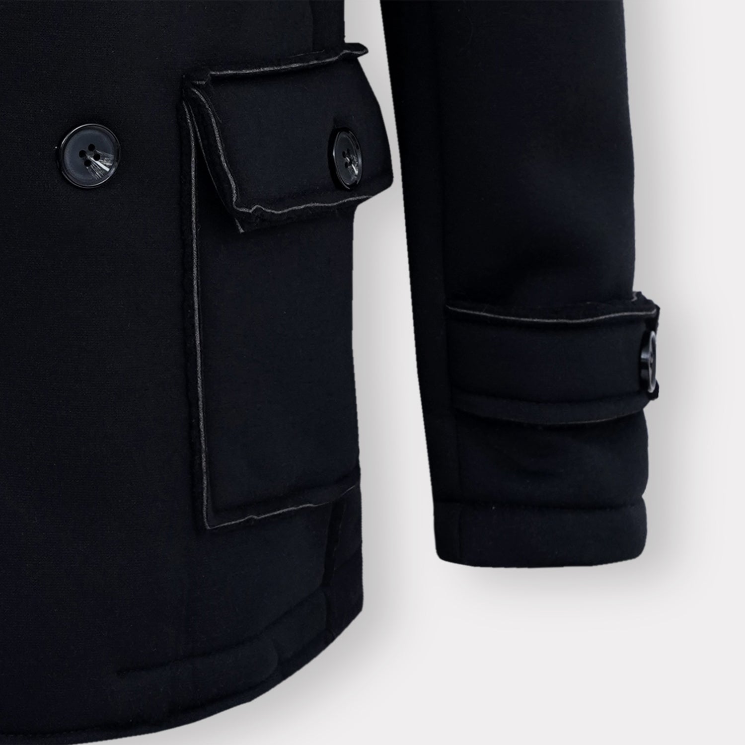 Premium Quality italian Breasted Slim Fit Winter Black Hooded Jacket - Image 4