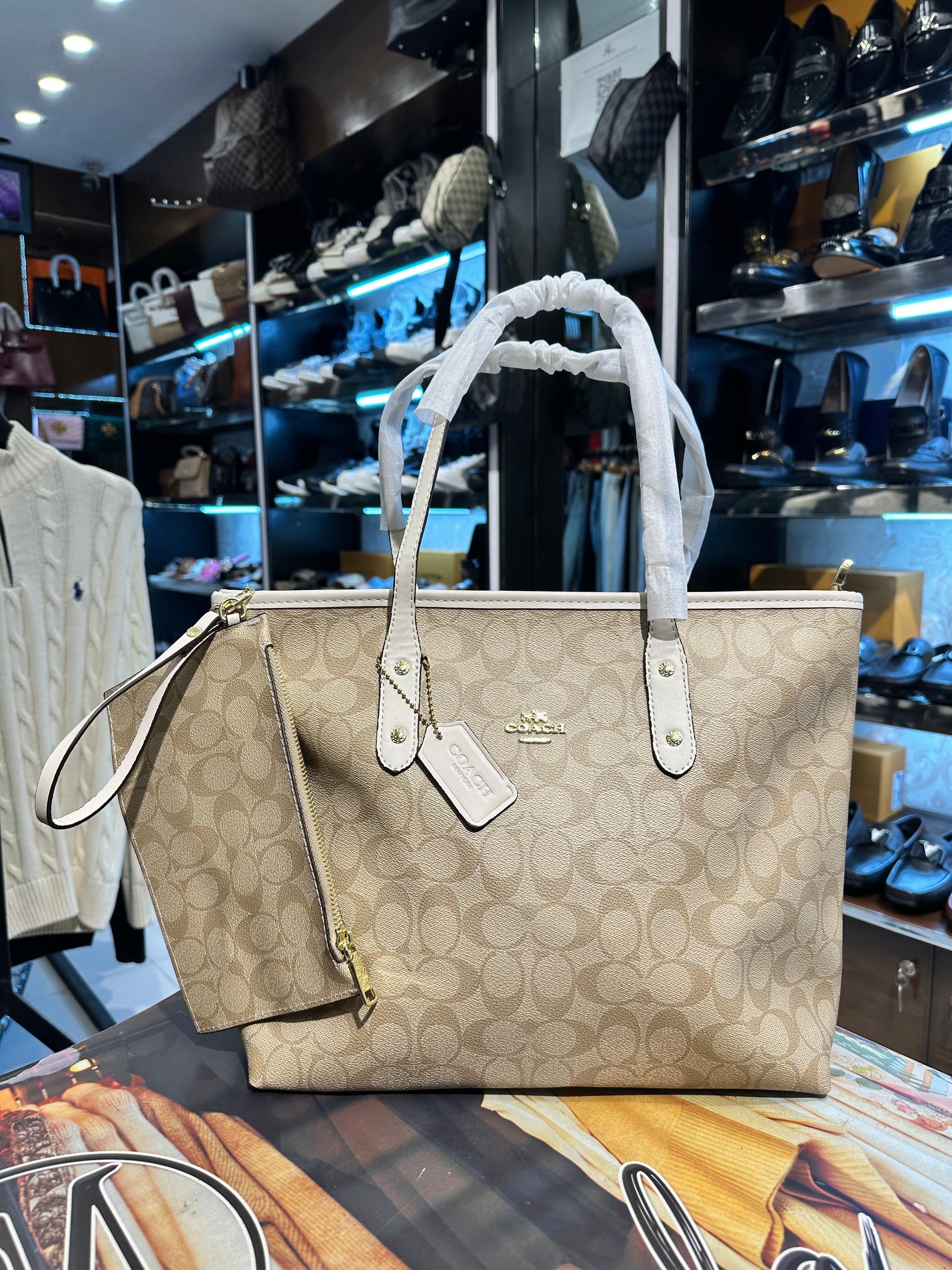 coach city tote bag in signature khaki canvas with matching pouch