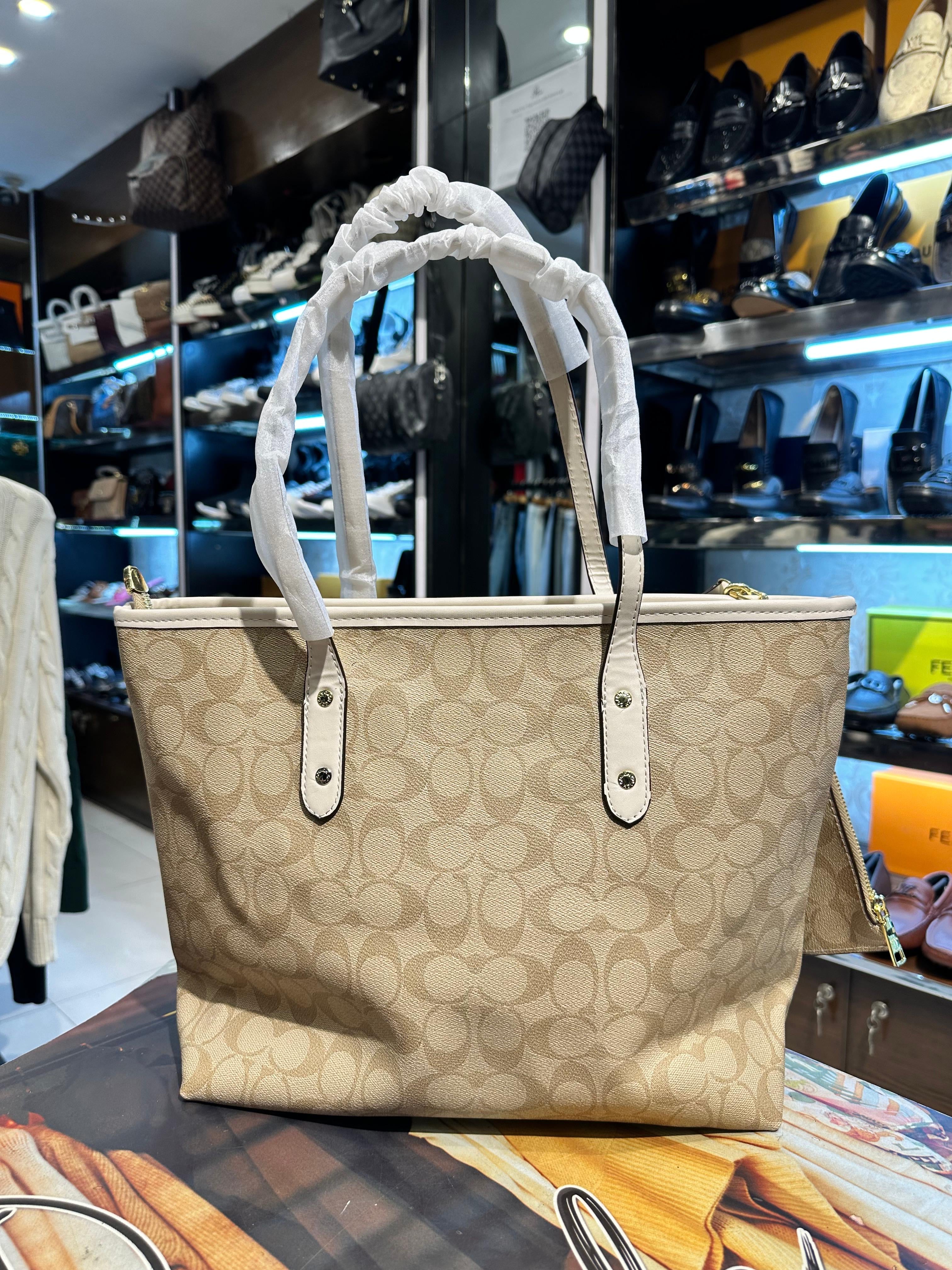 coach city tote bag in signature khaki canvas with matching pouch
