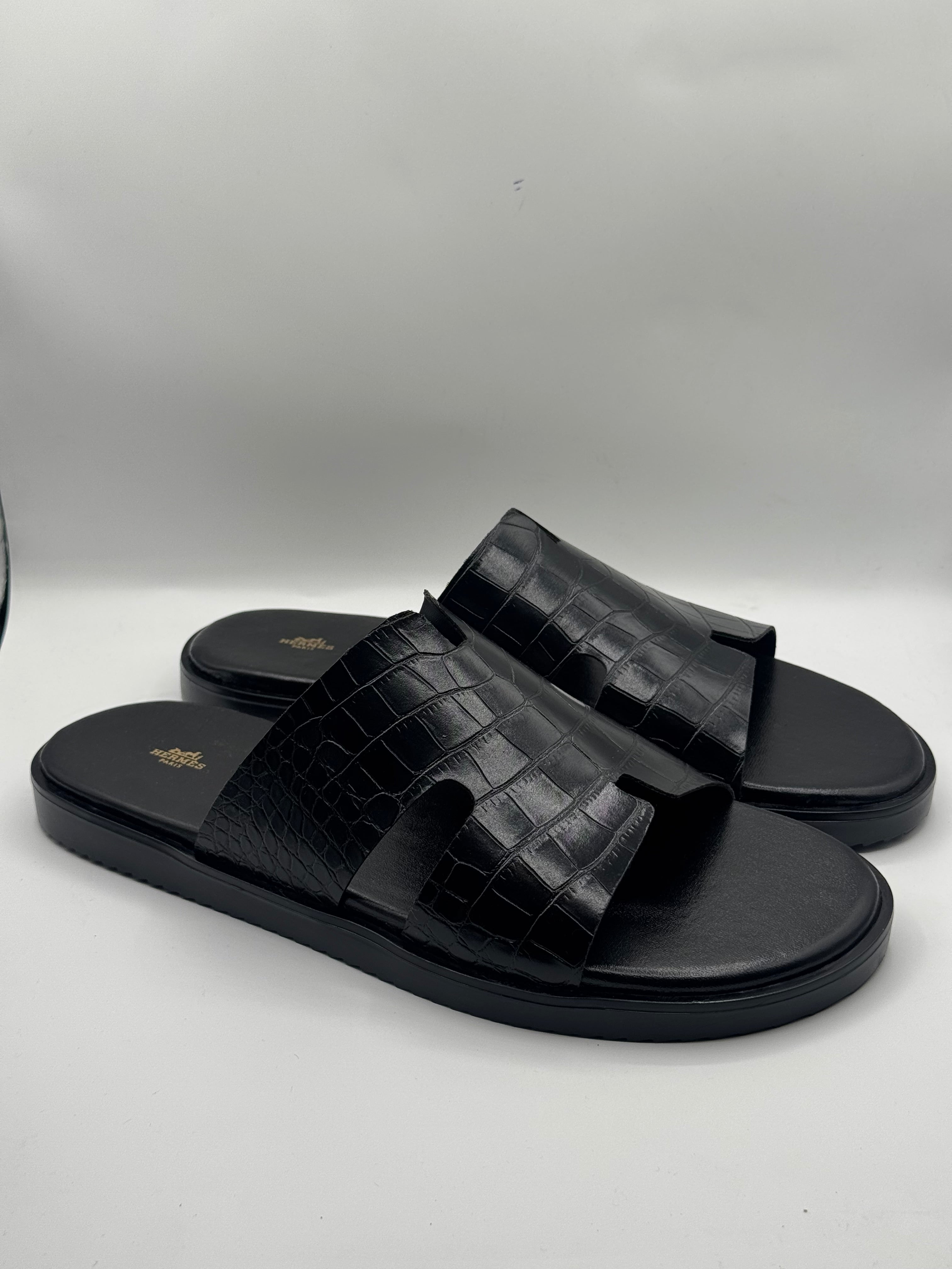 hermes black high quality leather slipper