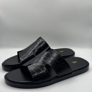 hermes black high quality leather slipper