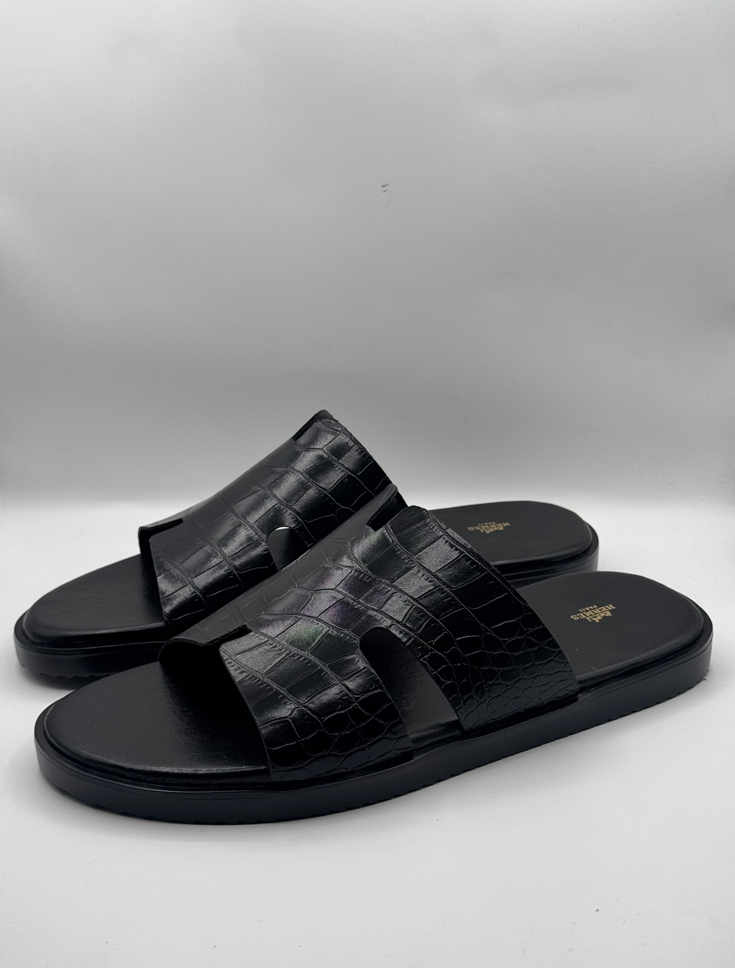 hermes black high quality leather slipper