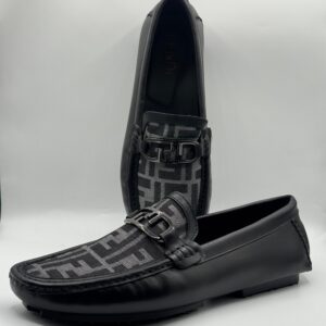 fendi black leather moccasins with monogram canvas