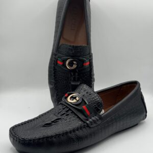 gucci black croc embossed leather moccasins with gg belt