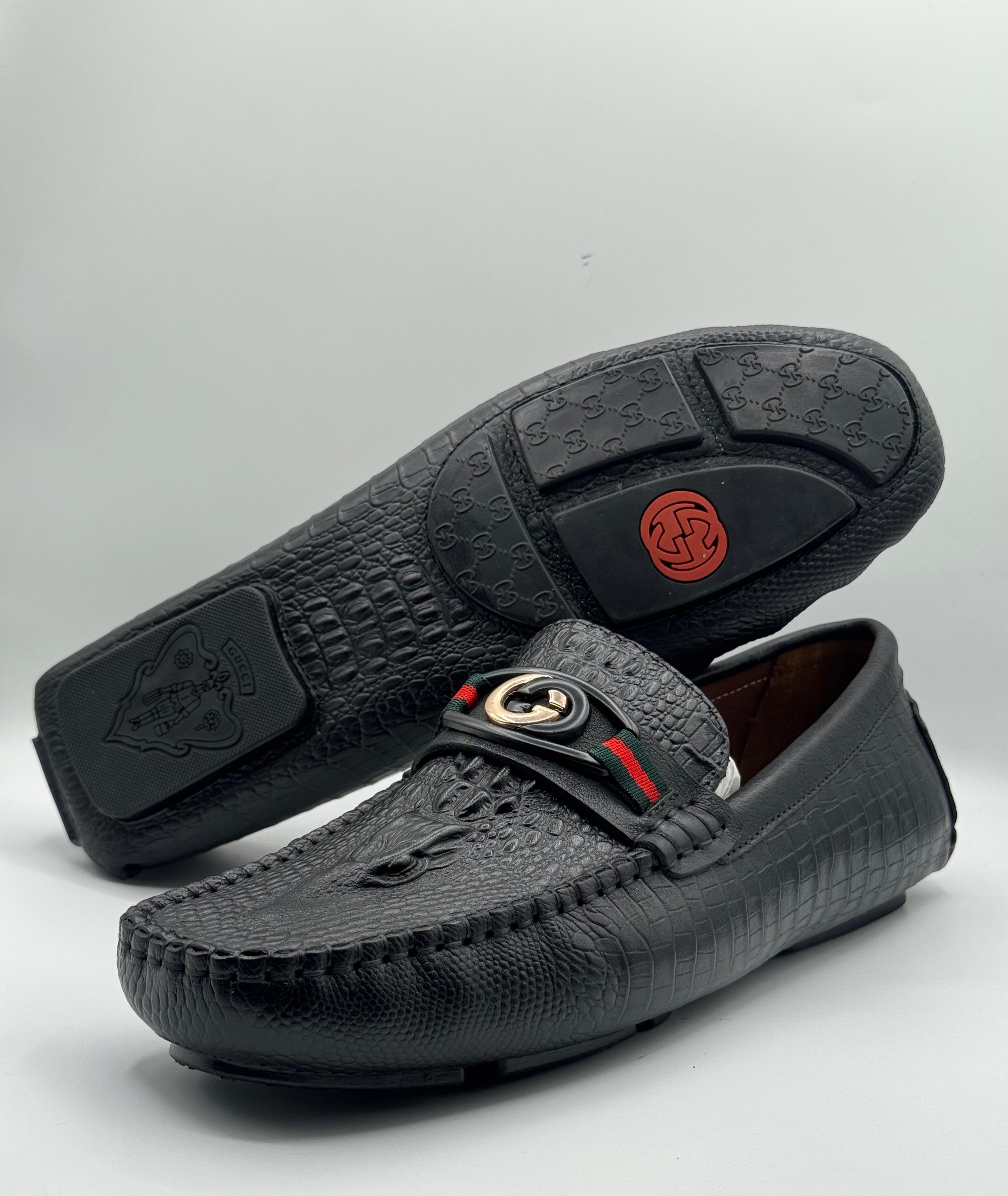 gucci black croc embossed leather moccasins with gg belt gucci black croc embossed leather moccasins with gg belt