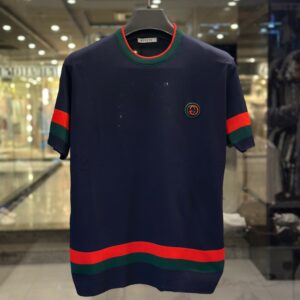 gucci men's navy knit t shirt with green red web