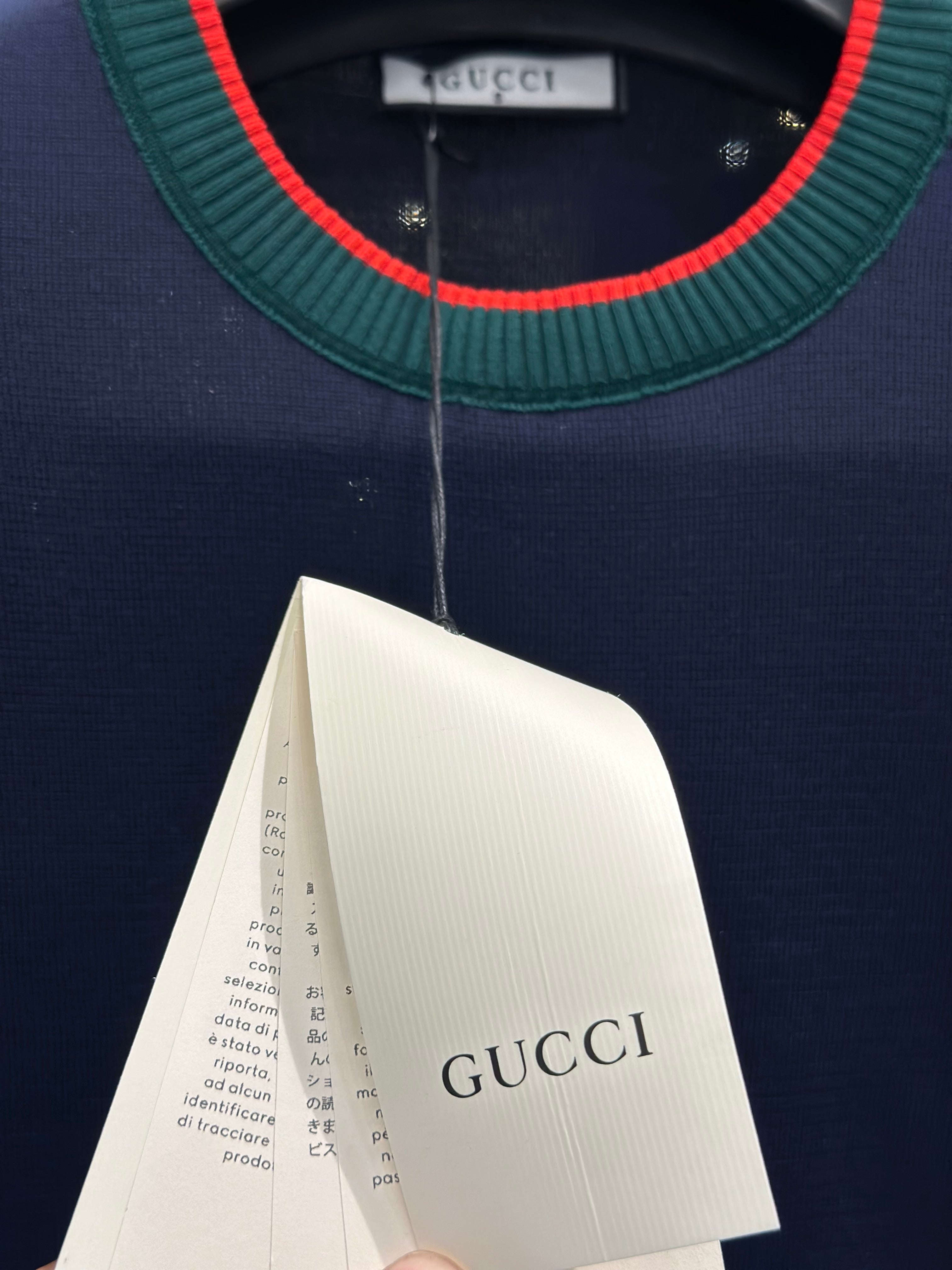 gucci men's navy knit t shirt with green red web