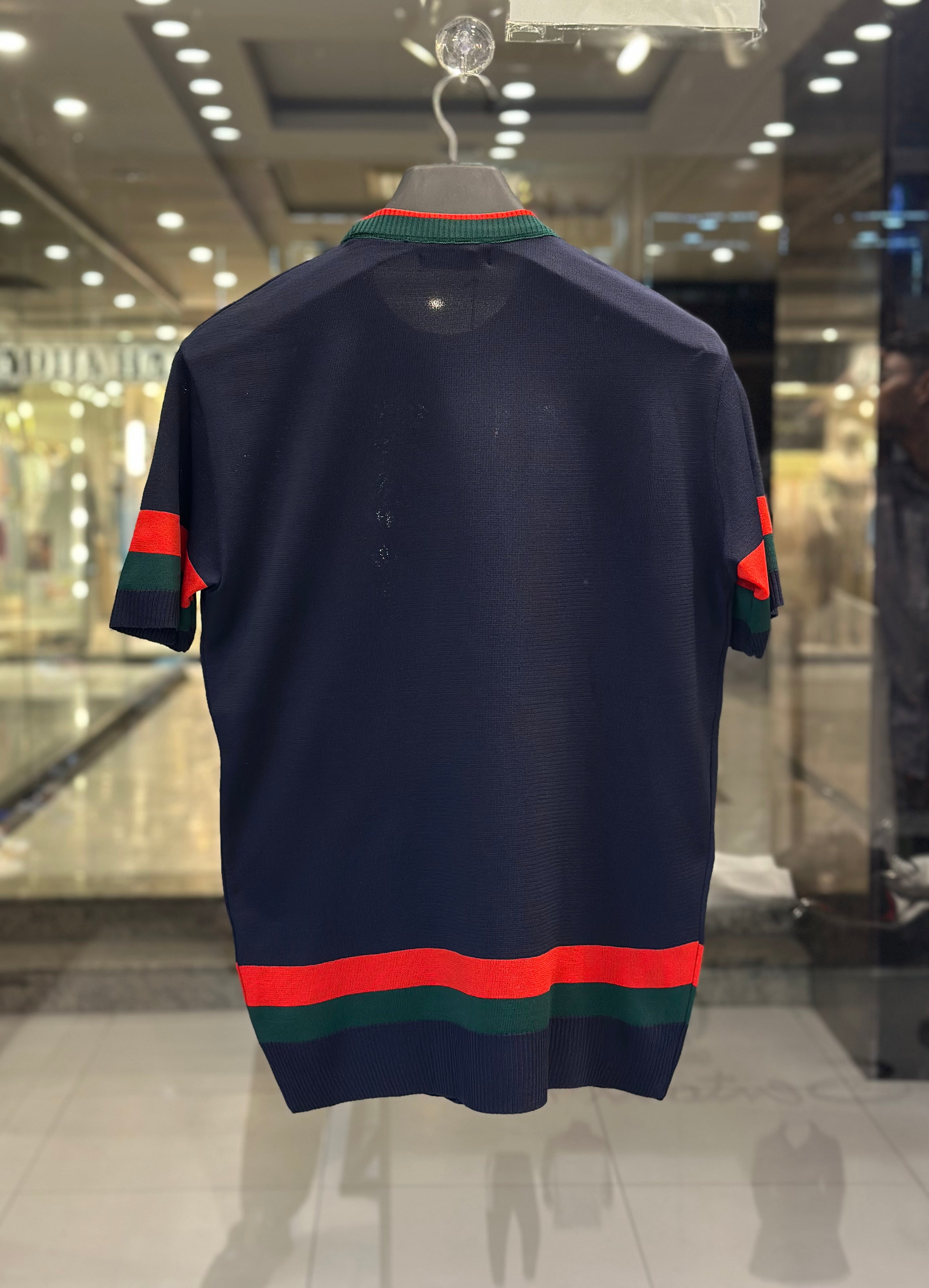 gucci men's navy knit t shirt with green red web