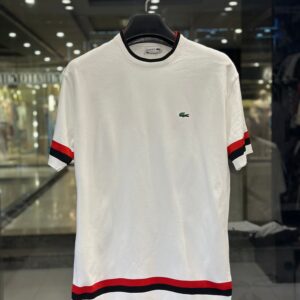 lacoste men's white cotton t shirt with contrast stripes