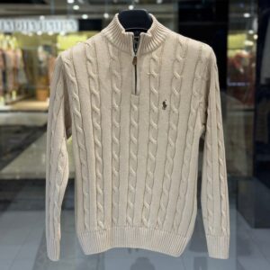 Men’s Brown Cable-Knit Half Zip Sweater