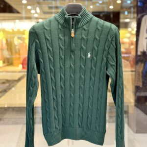 Men’s Premium Green Cable-Knit Half Zip Sweater