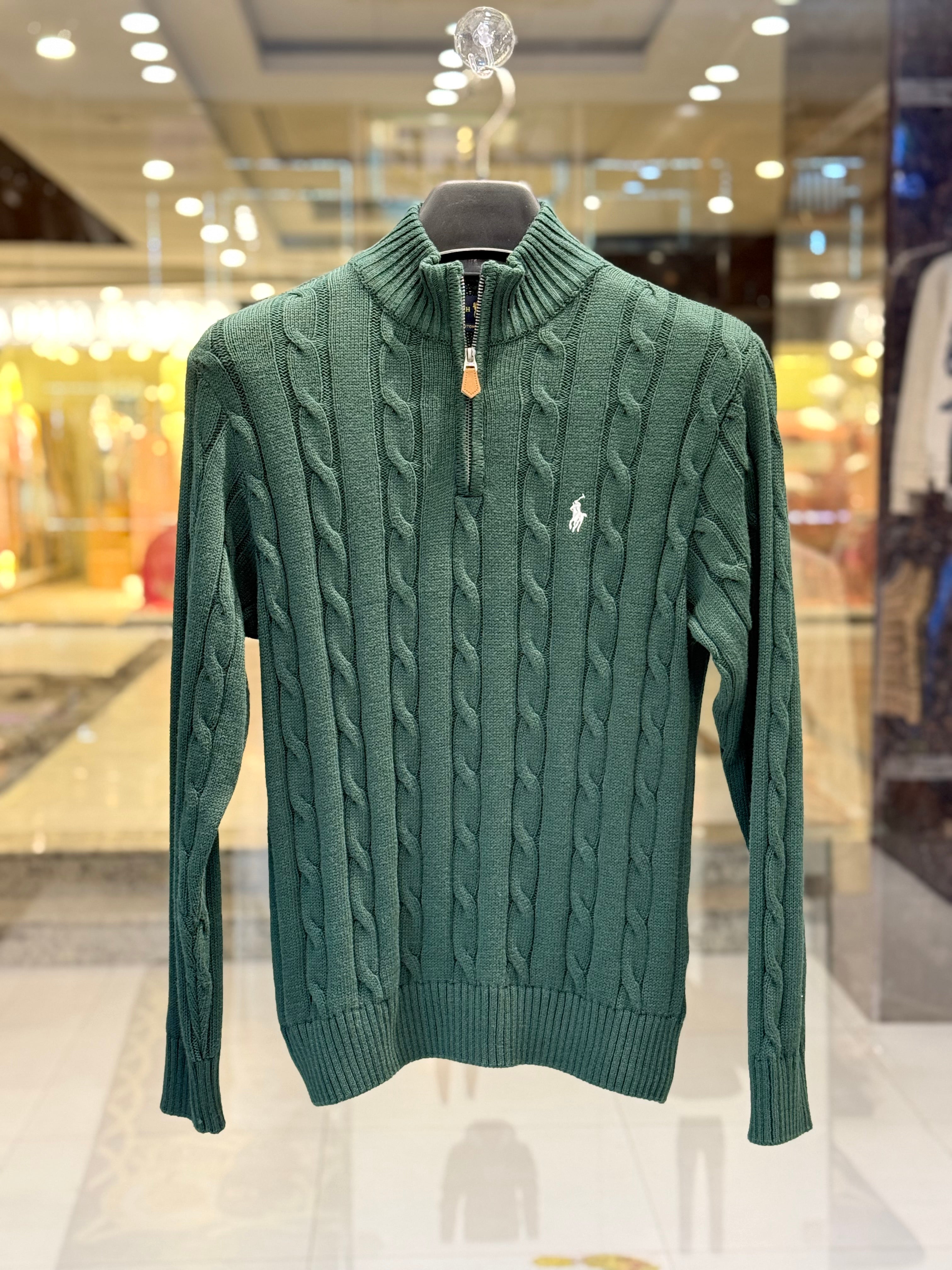 Men’s Premium Green Cable-Knit Half Zip Sweater