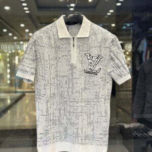 louis vuitton men's white graphic zip neck luxury polo shirt