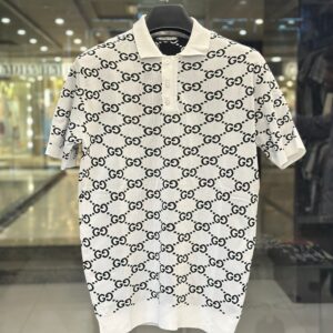 gucci men's white knit polo with black gg monogram