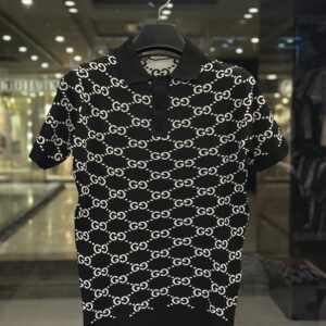 gucci men's black knit polo with white gg monogram