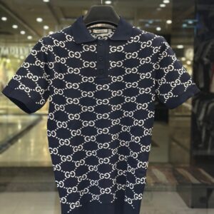 gucci men's navy blue gg monogram knit polo shirt