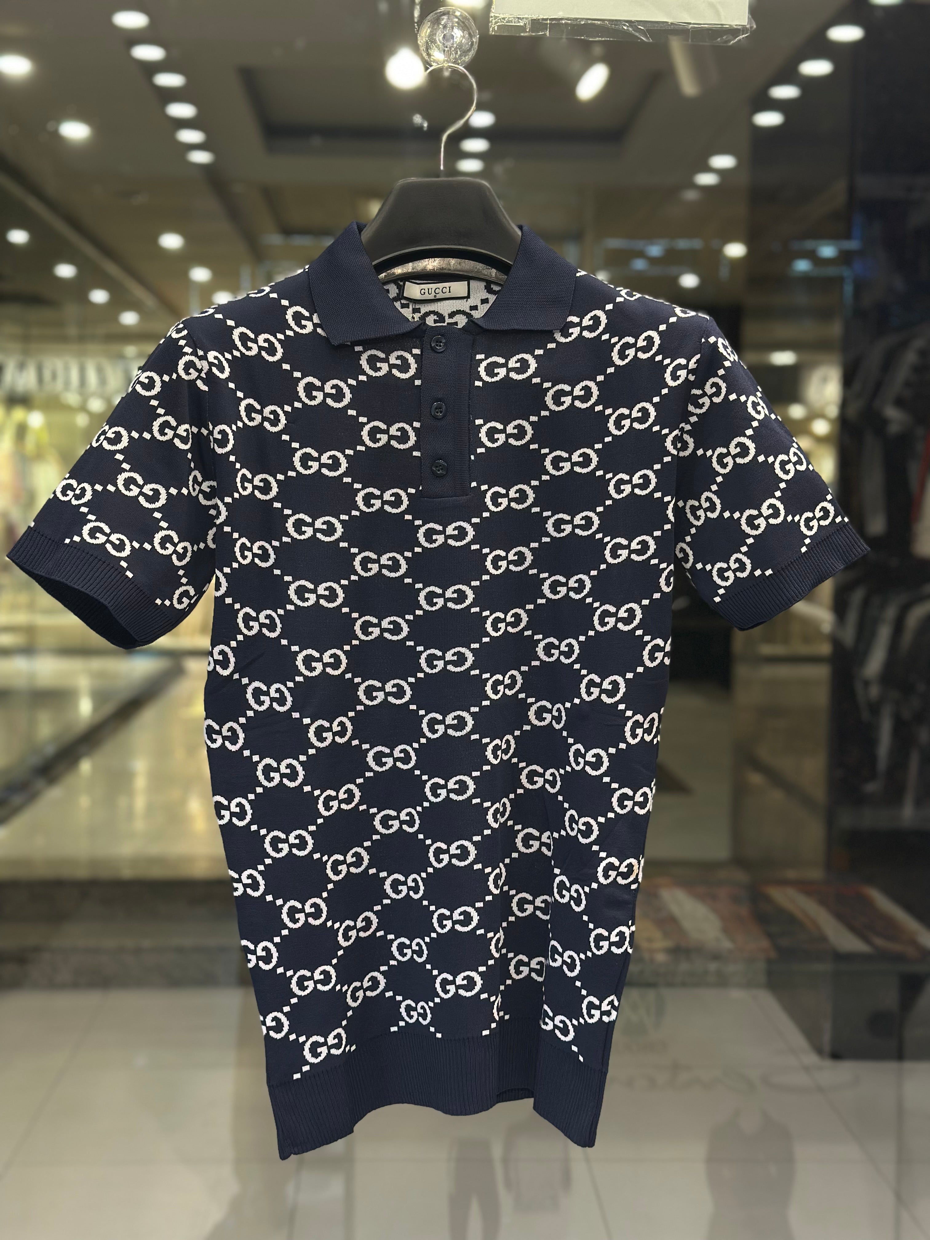 gucci men's navy blue gg monogram knit polo shirt gucci men's navy blue gg monogram knit polo shirt