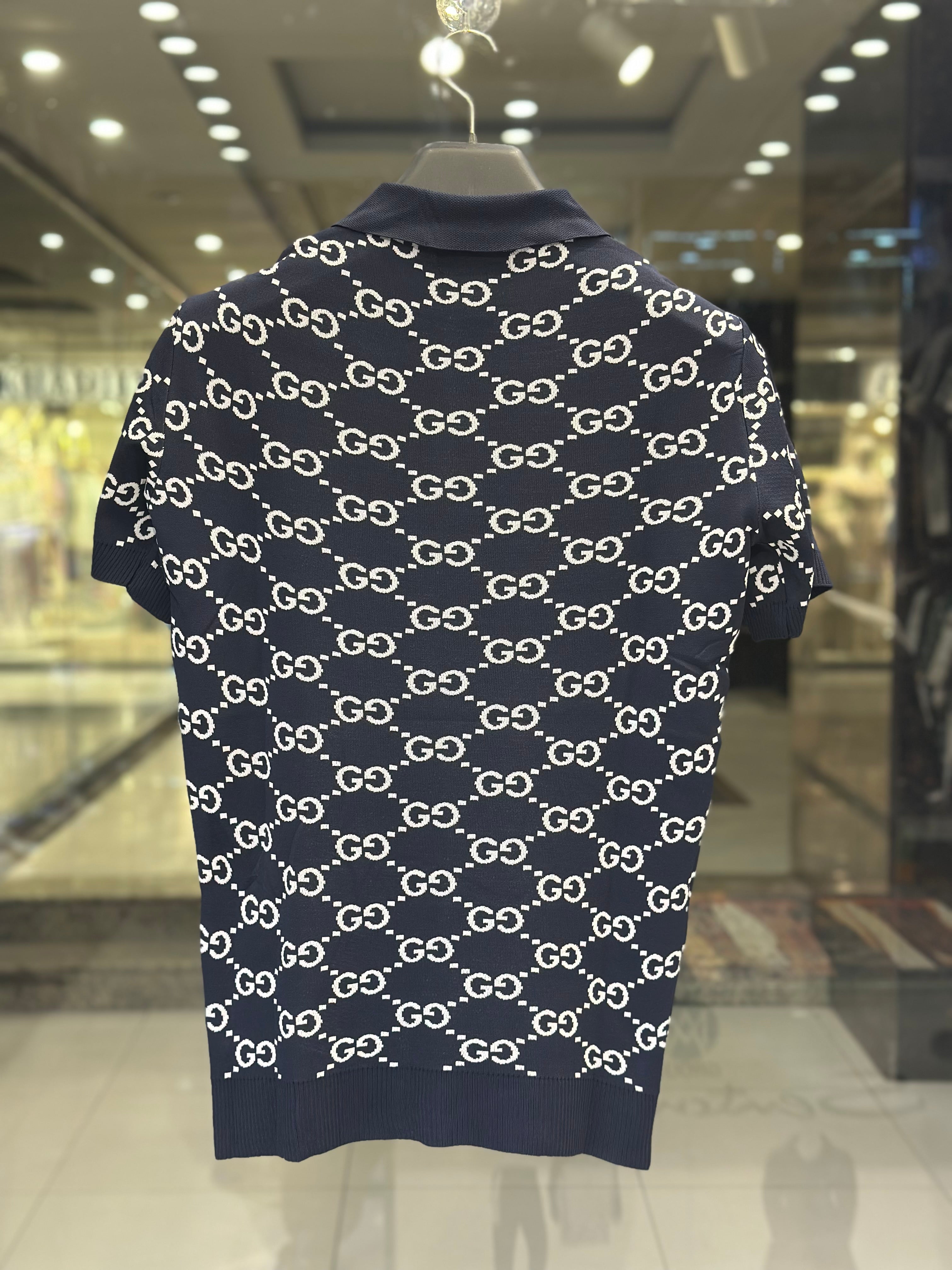 gucci men's navy blue gg monogram knit polo shirt gucci men's navy blue gg monogram knit polo shirt