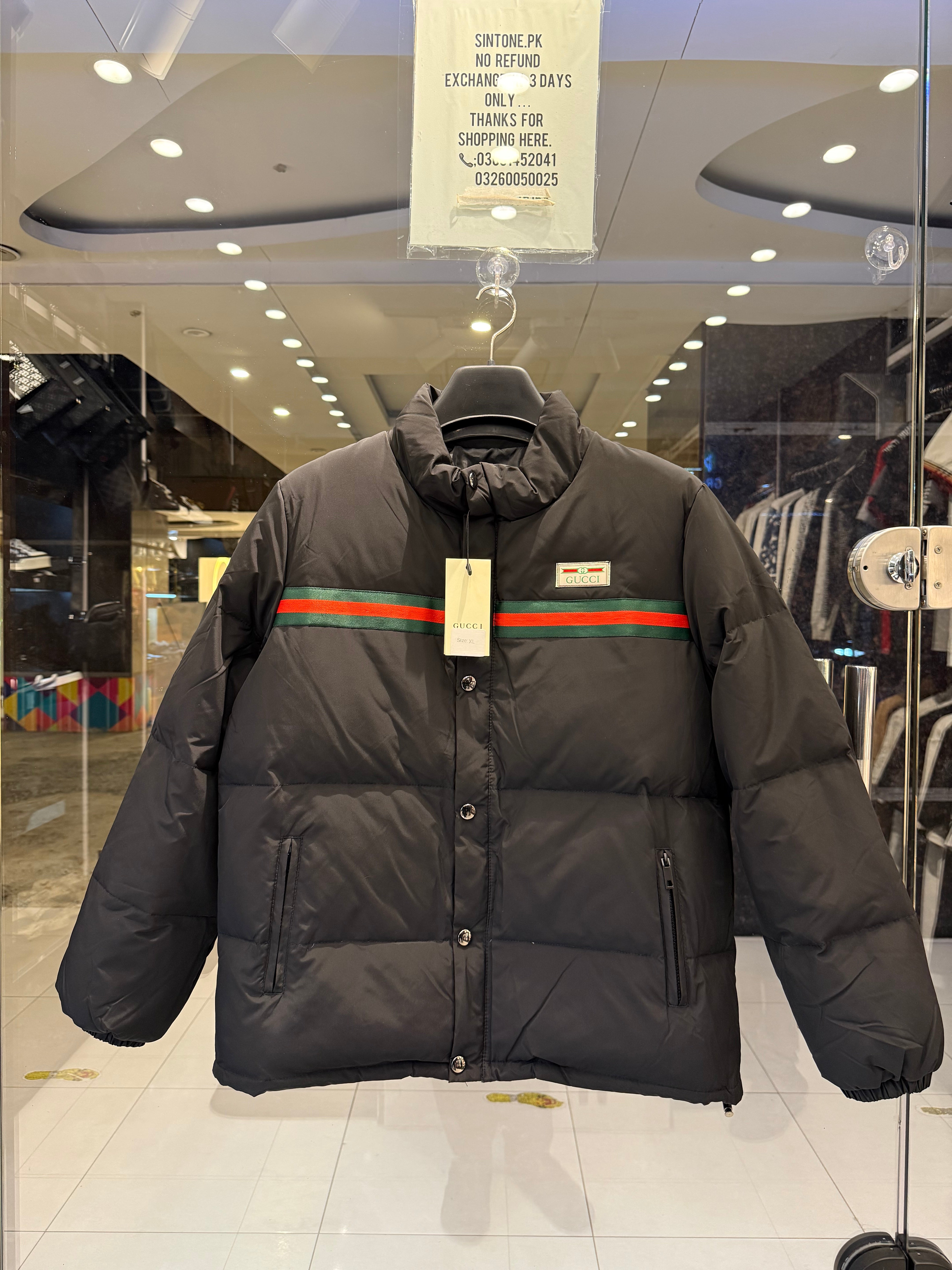 IMG_0835 Premium Men's Black Puffer Jacket with Iconic Red & Green Web Stripe