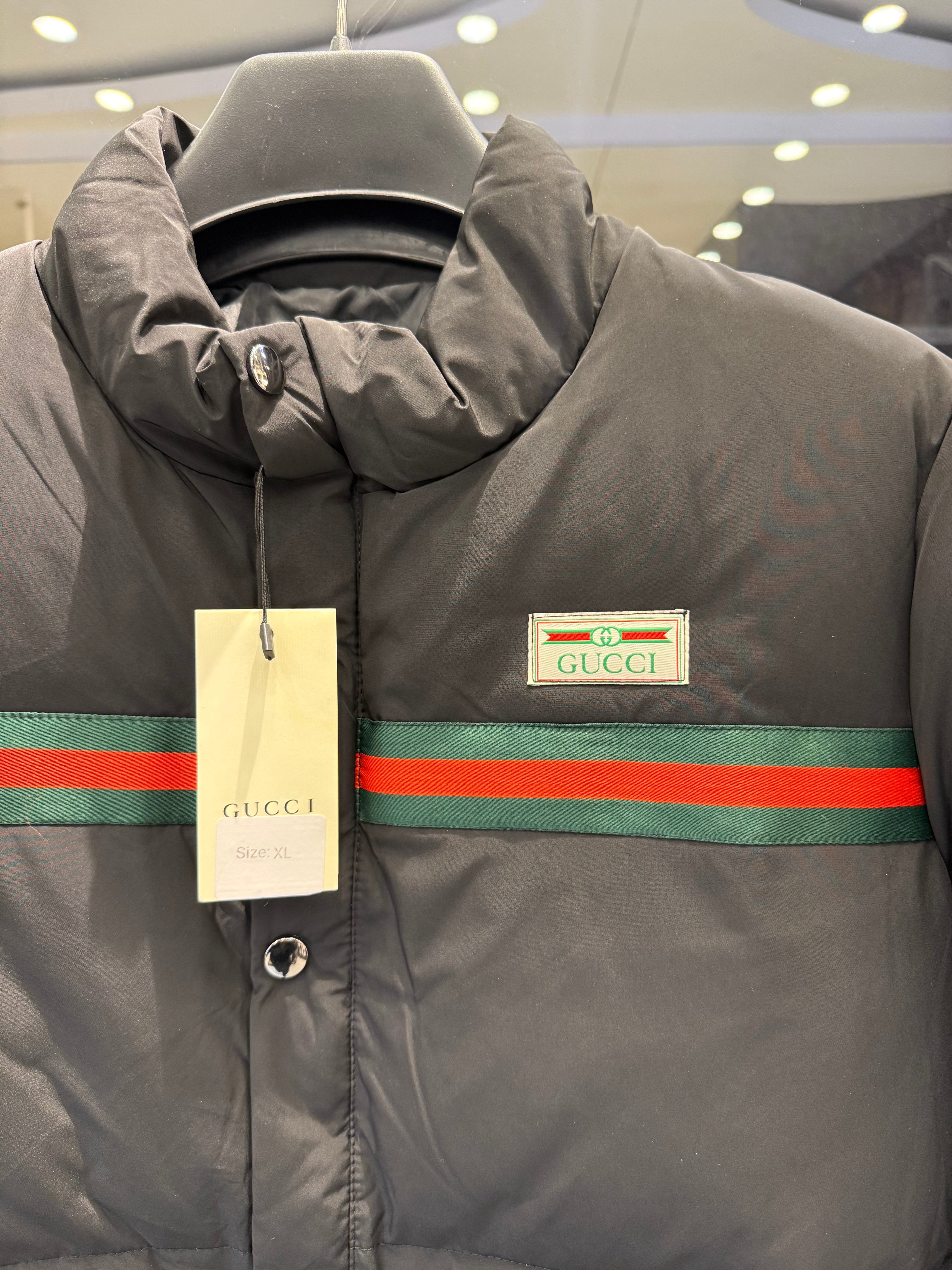 IMG_0836 Premium Men's Black Puffer Jacket with Iconic Red & Green Web Stripe - Image 3