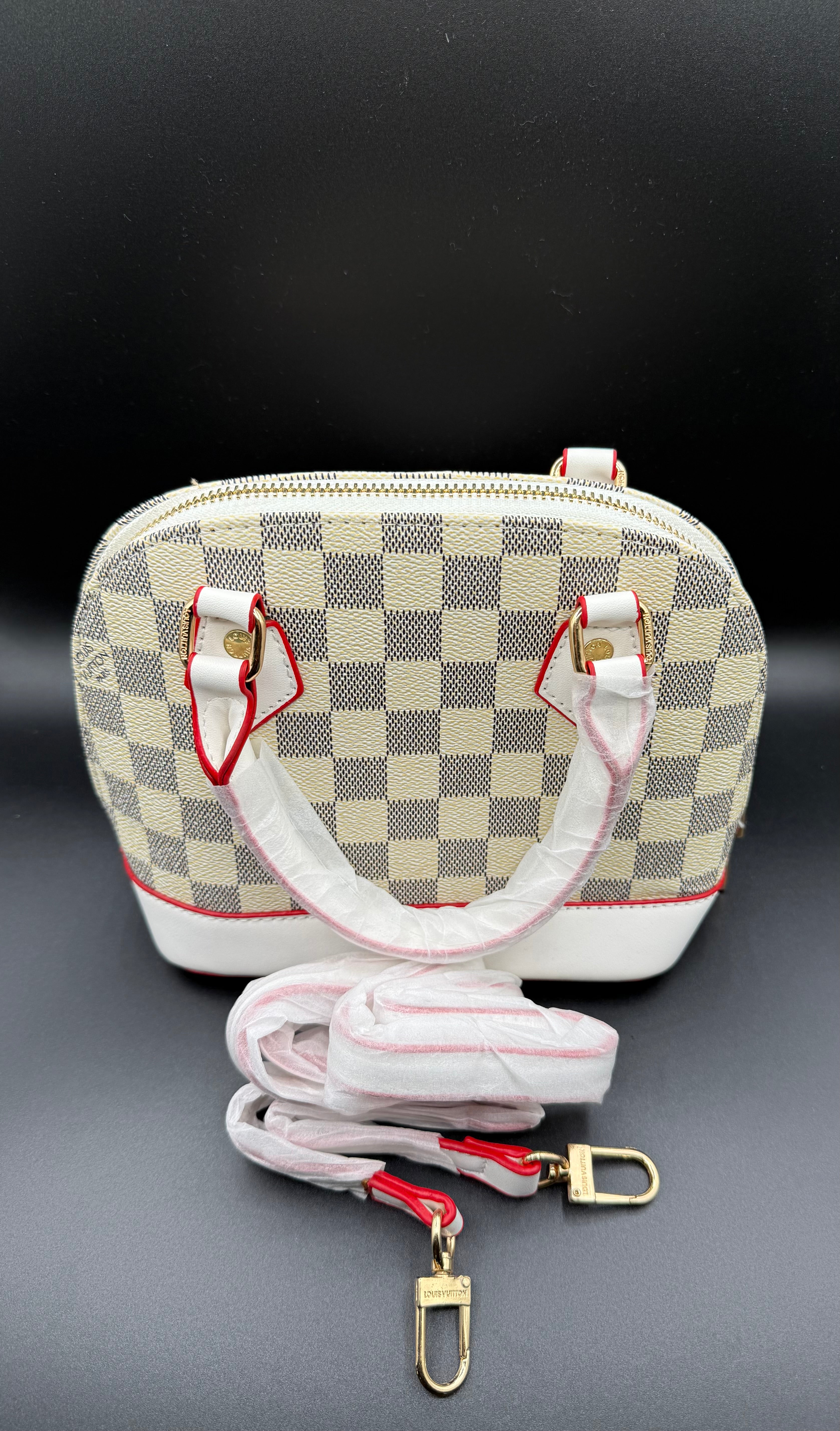 LV-Inspired Damier Azur Alma BB Style Top Handle Bag