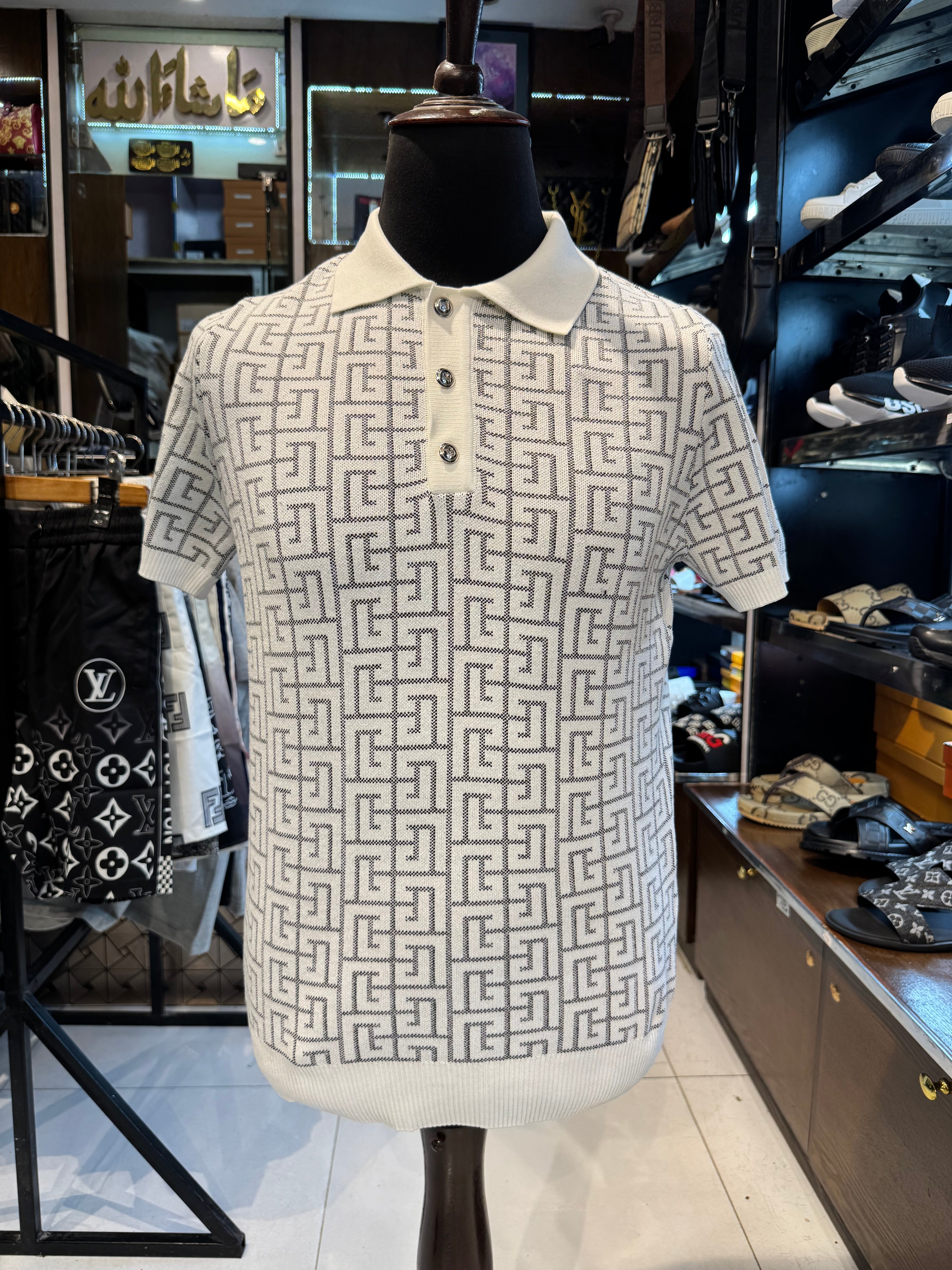 balmain inspired white monogram knit polo shirt balmain inspired white monogram knit polo shirt