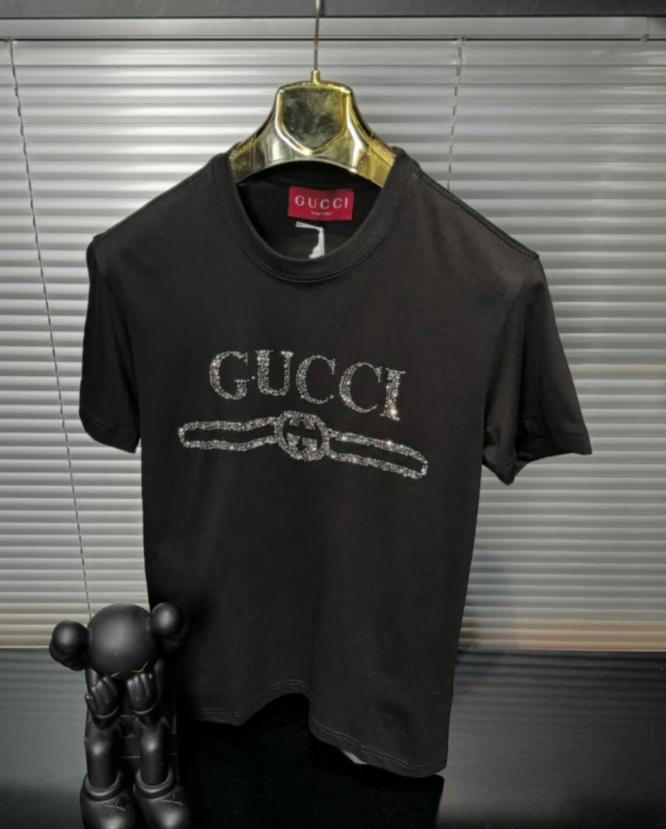 gucci inspired black logo rhinestone t shirt premium quality