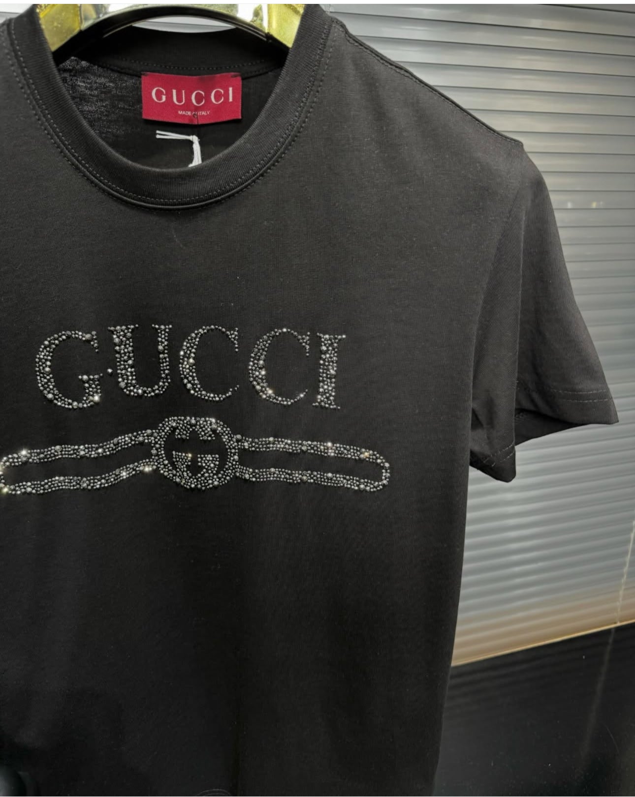 gucci inspired black logo rhinestone t shirt premium quality