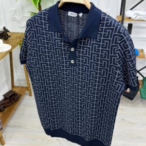 balmain inspired blue monogram knit polo shirt premium quality