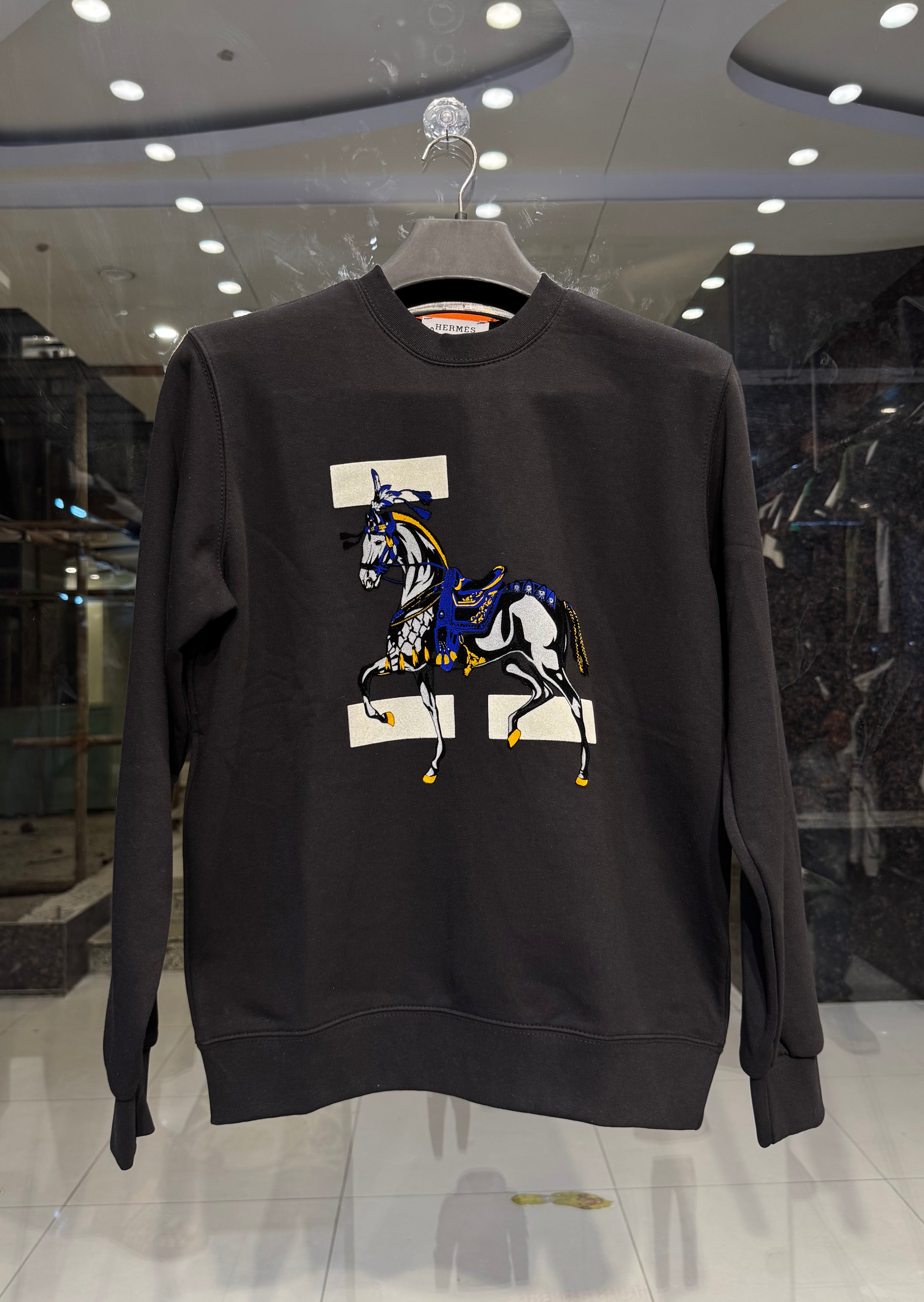 hermès inspired black horse sweatshirt – blue & gold design hermès inspired black horse sweatshirt – blue & gold design