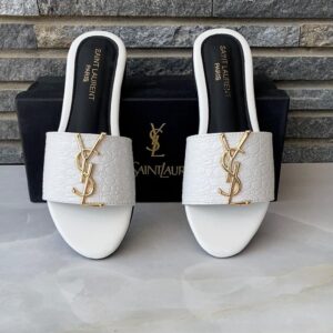YSL Women Flat White Slipper With Logo