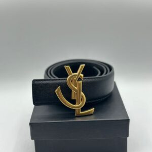 Saint Laurent Genuine Black Leather Signature Golden Belt