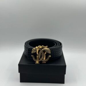 Roberto Cavalli Genuine Black Leather Signature Golden Belt
