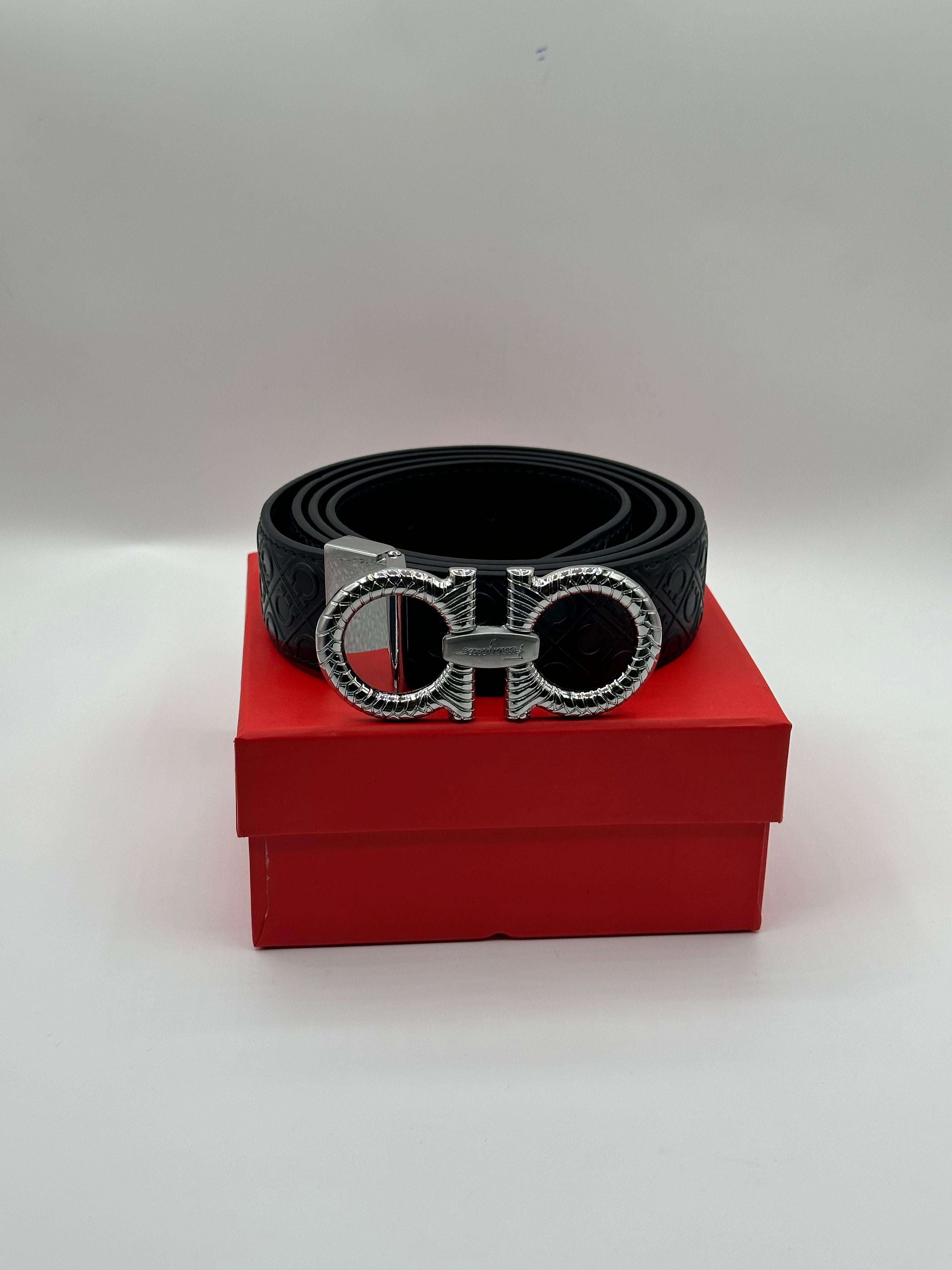 ferragamo black leather signature silver belt