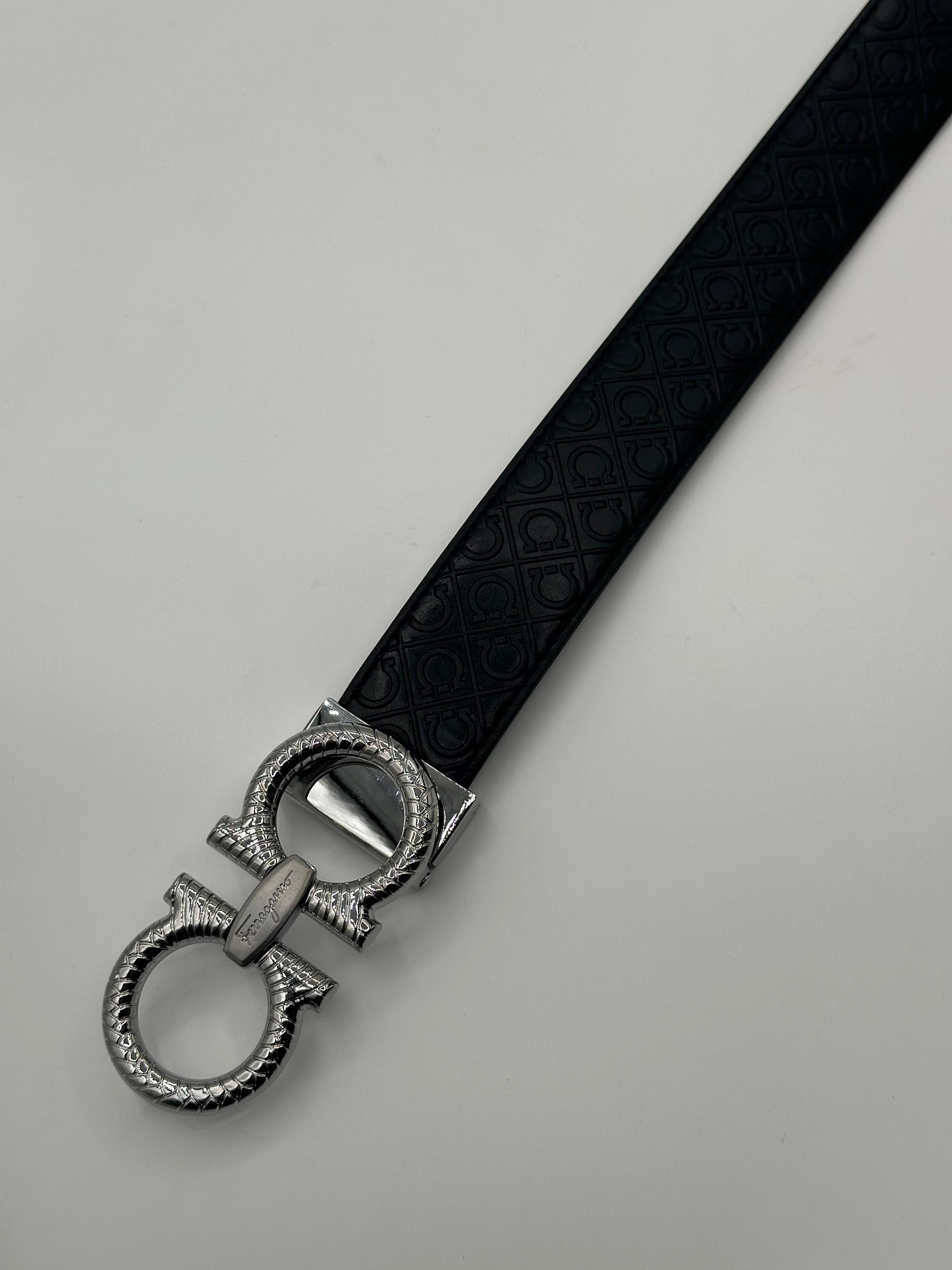 ferragamo black leather signature silver belt