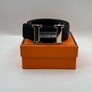 hermes black leather signature golden belt