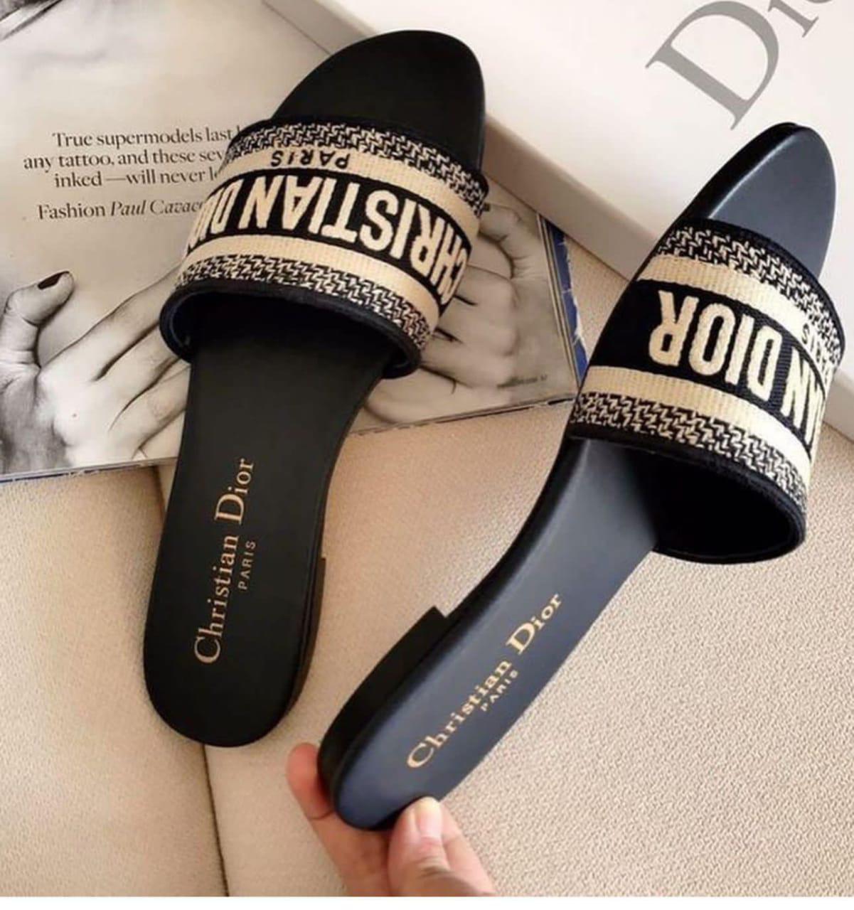 christian dior women flat black printed slipper christian dior women flat black printed slipper
