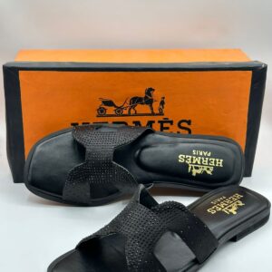 hermes women flat black slipper