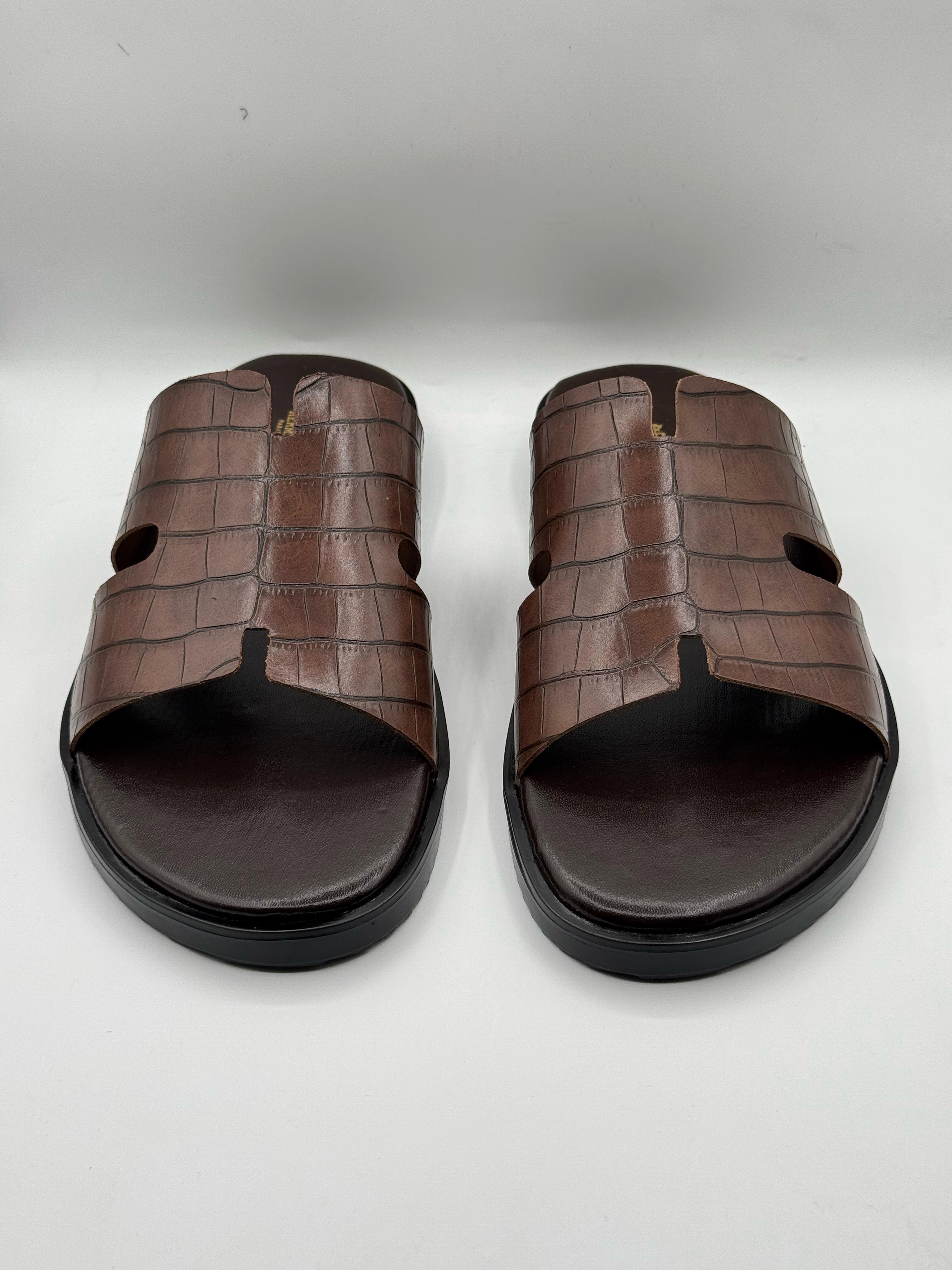 hermes premium quality brown leather slipper