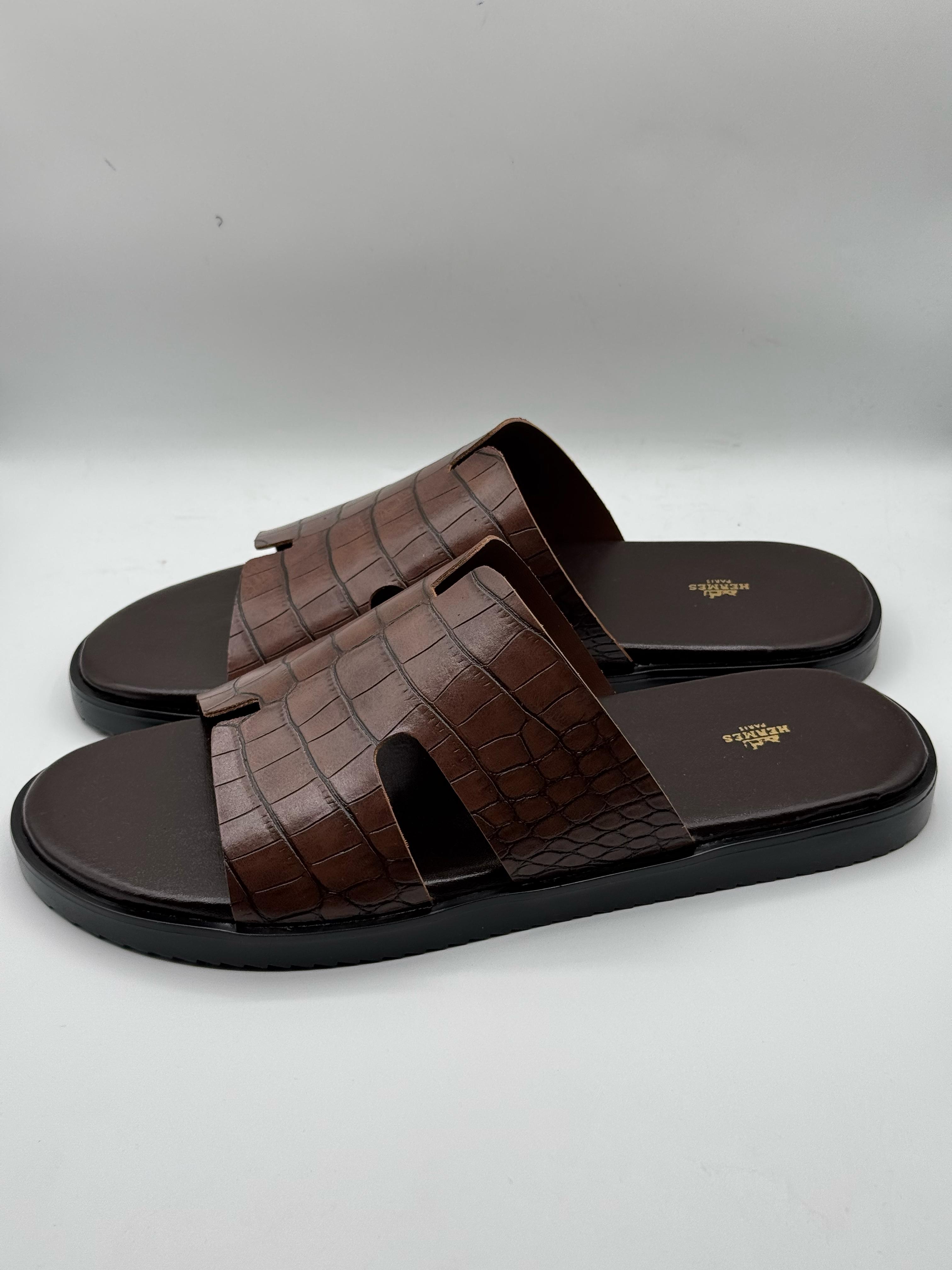 hermes premium quality brown leather slipper