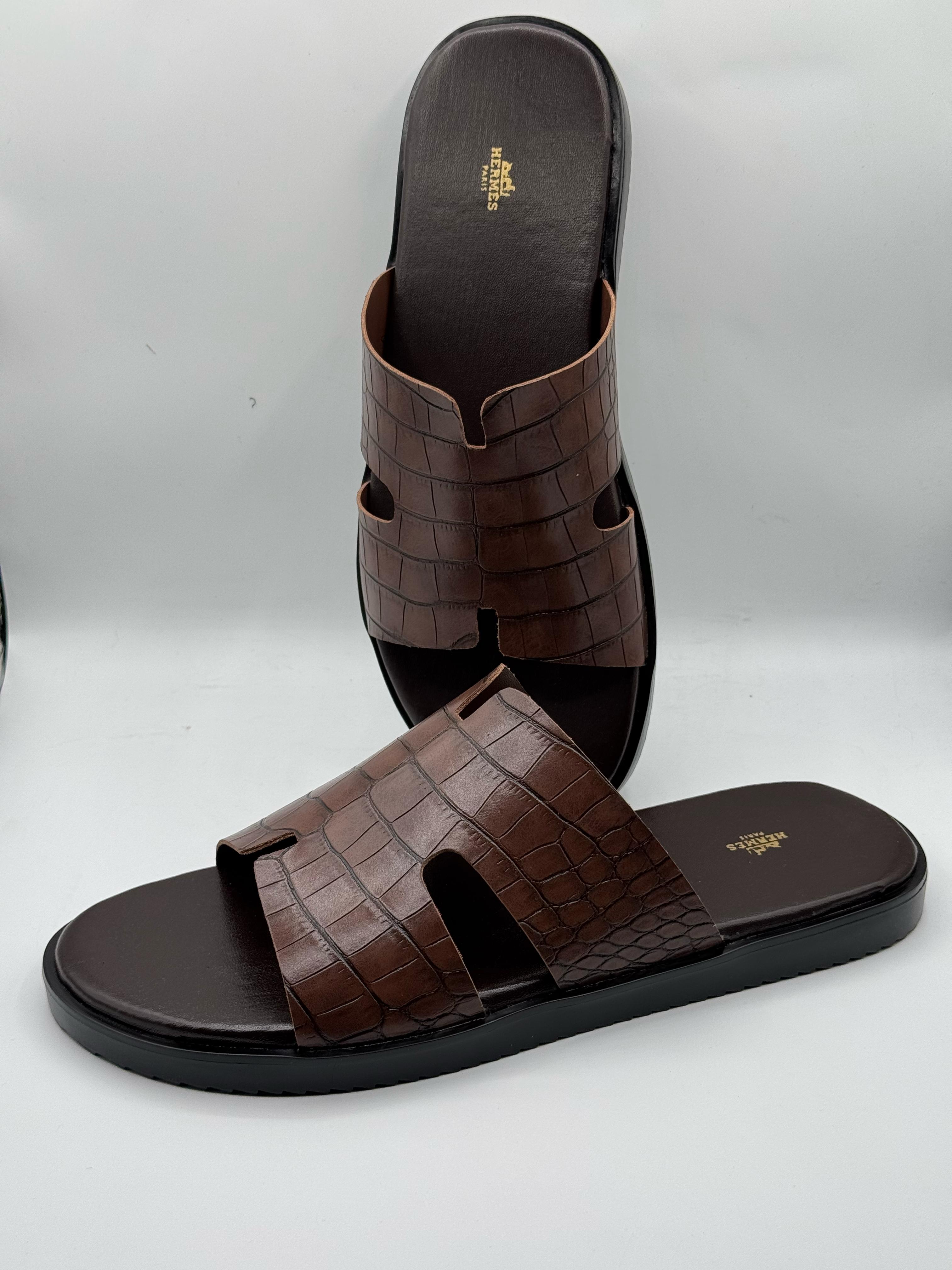 hermes premium quality brown leather slipper
