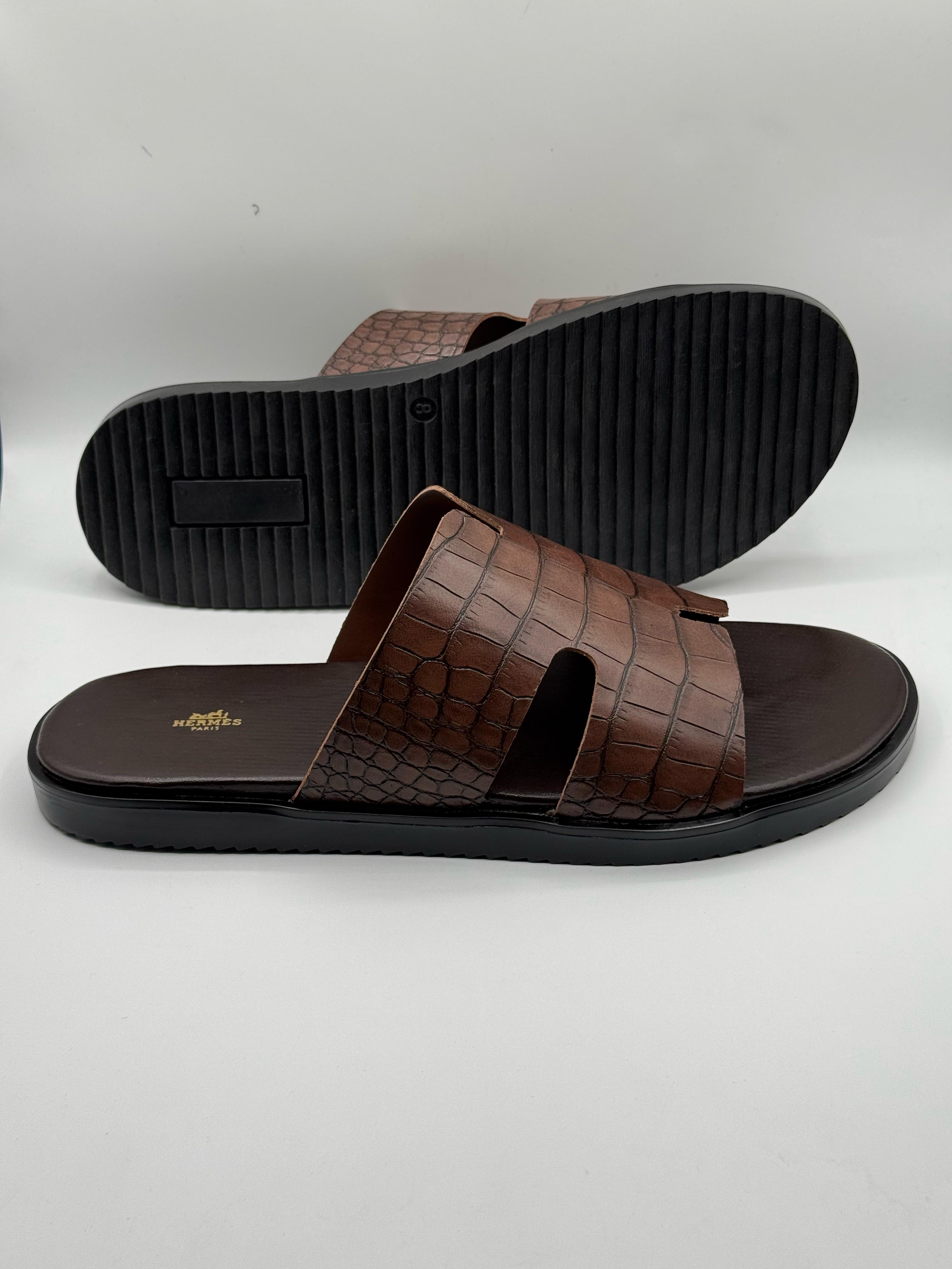 hermes premium quality brown leather slipper
