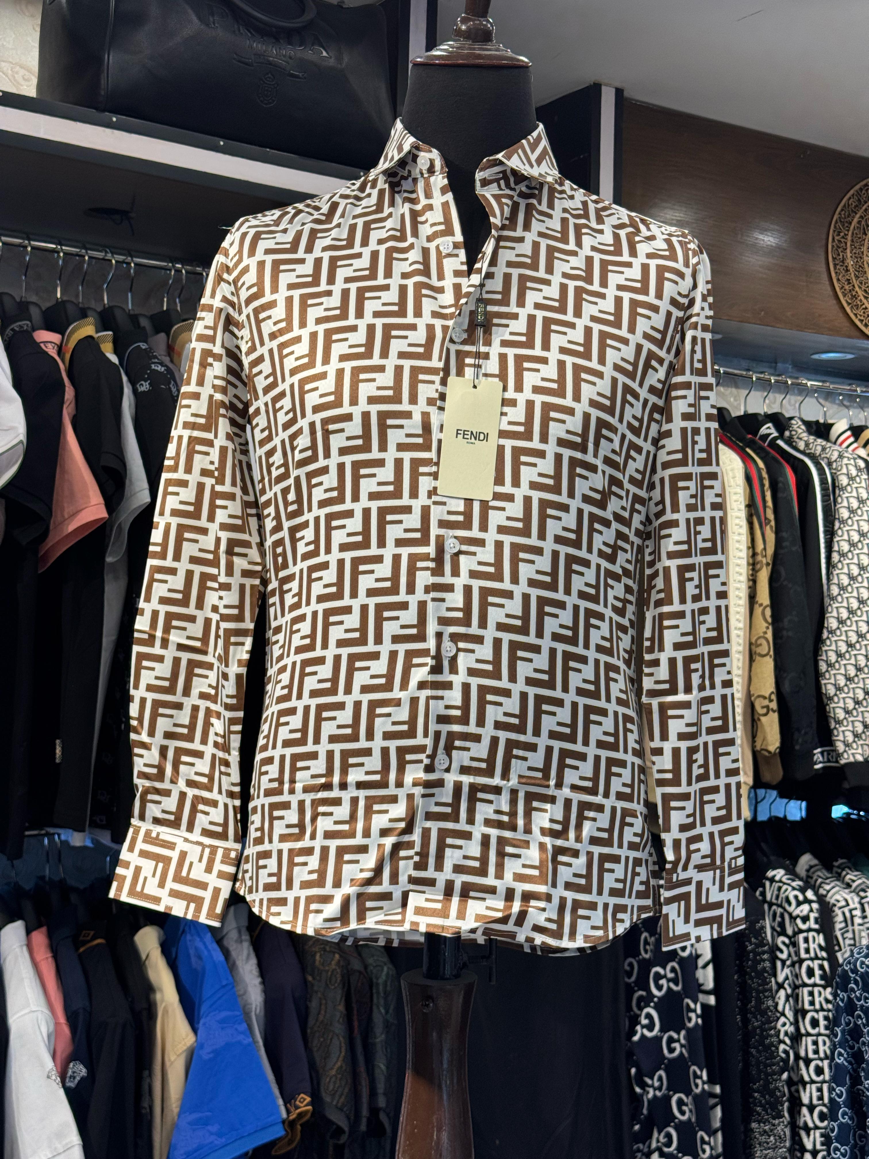 fendi premium quality all over printed white brown casual shirt