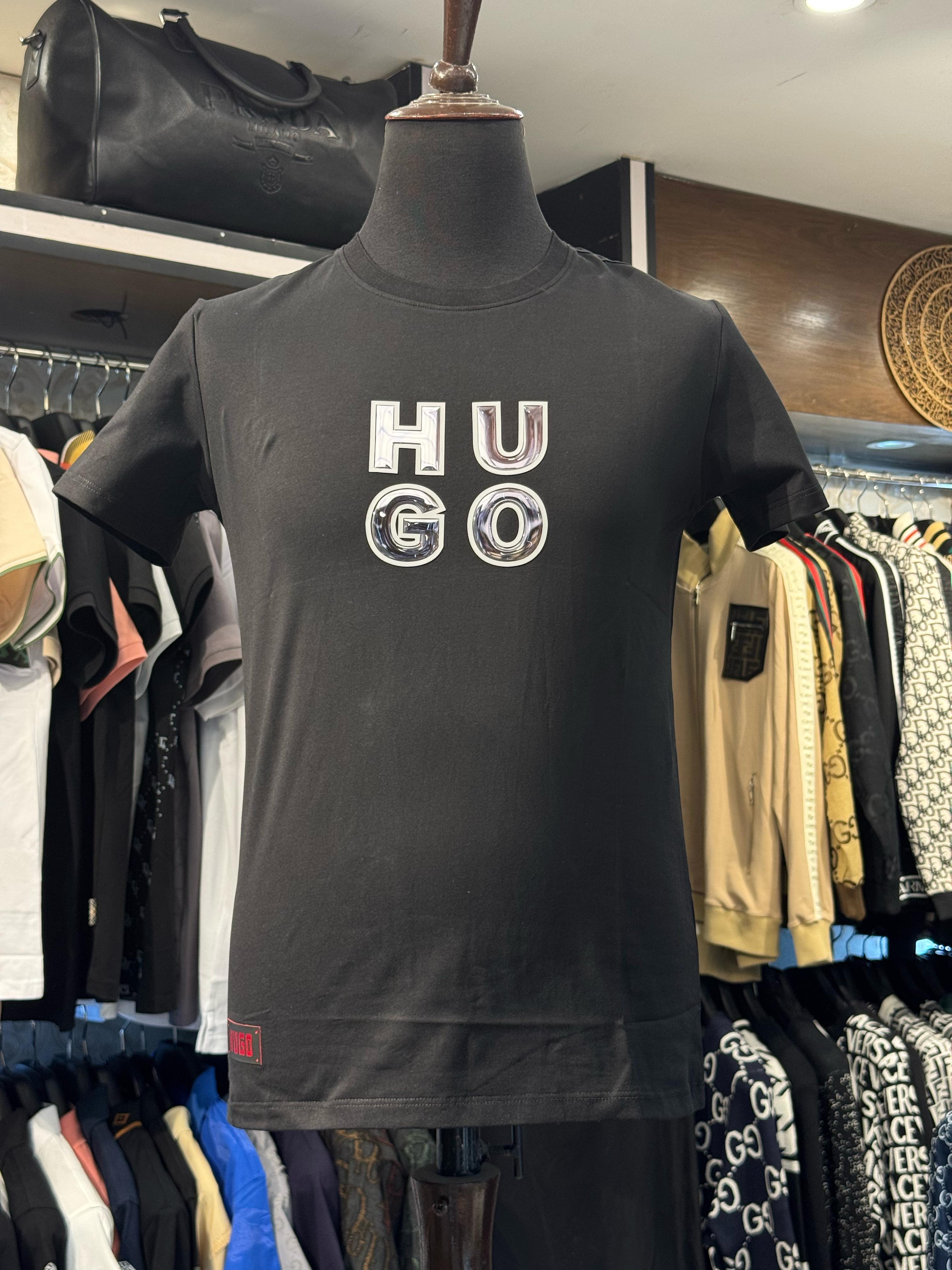 hugo black soft cotton printed round neck t shirt