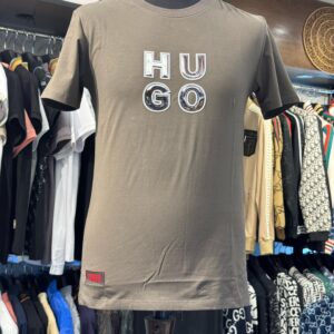 hugo brown soft cotton printed round neck t shirt